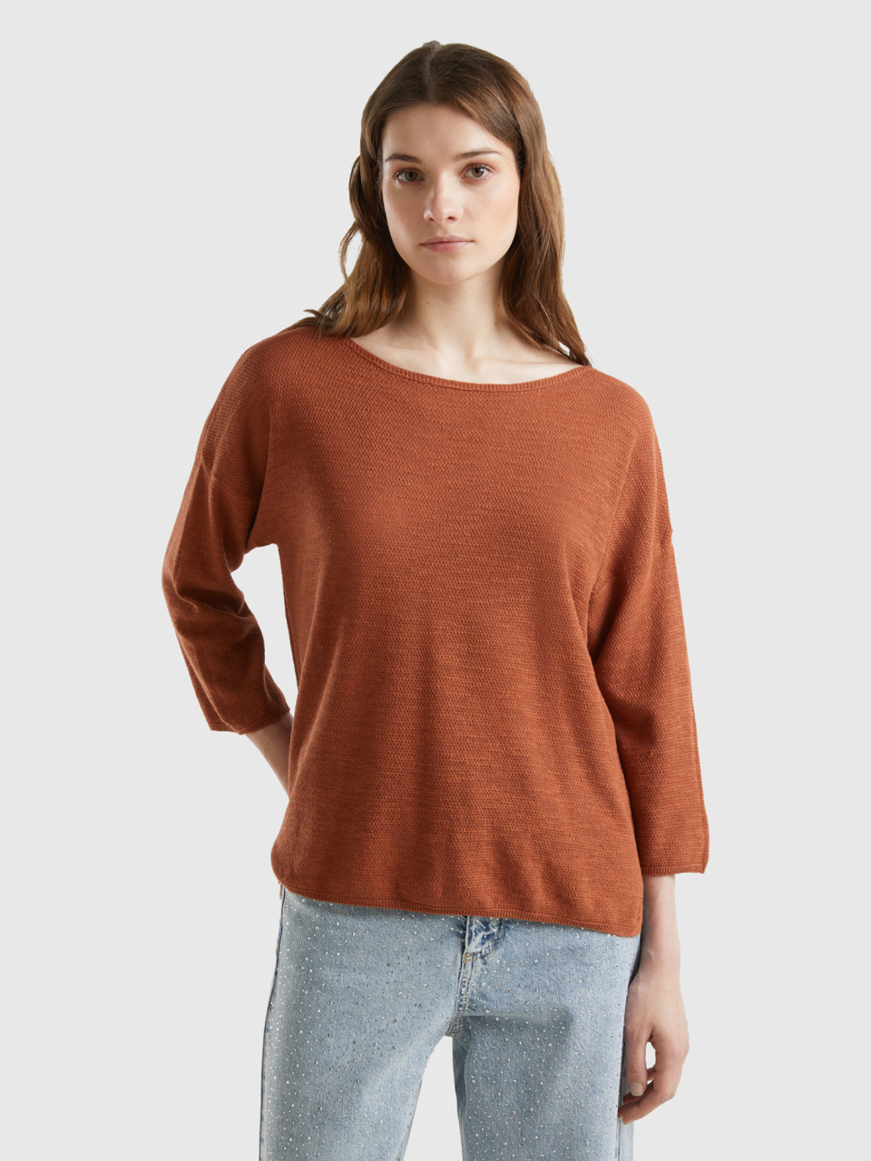 Benetton, Sweater In Linen Blend With 3/4 Sleeves, Brown, Women