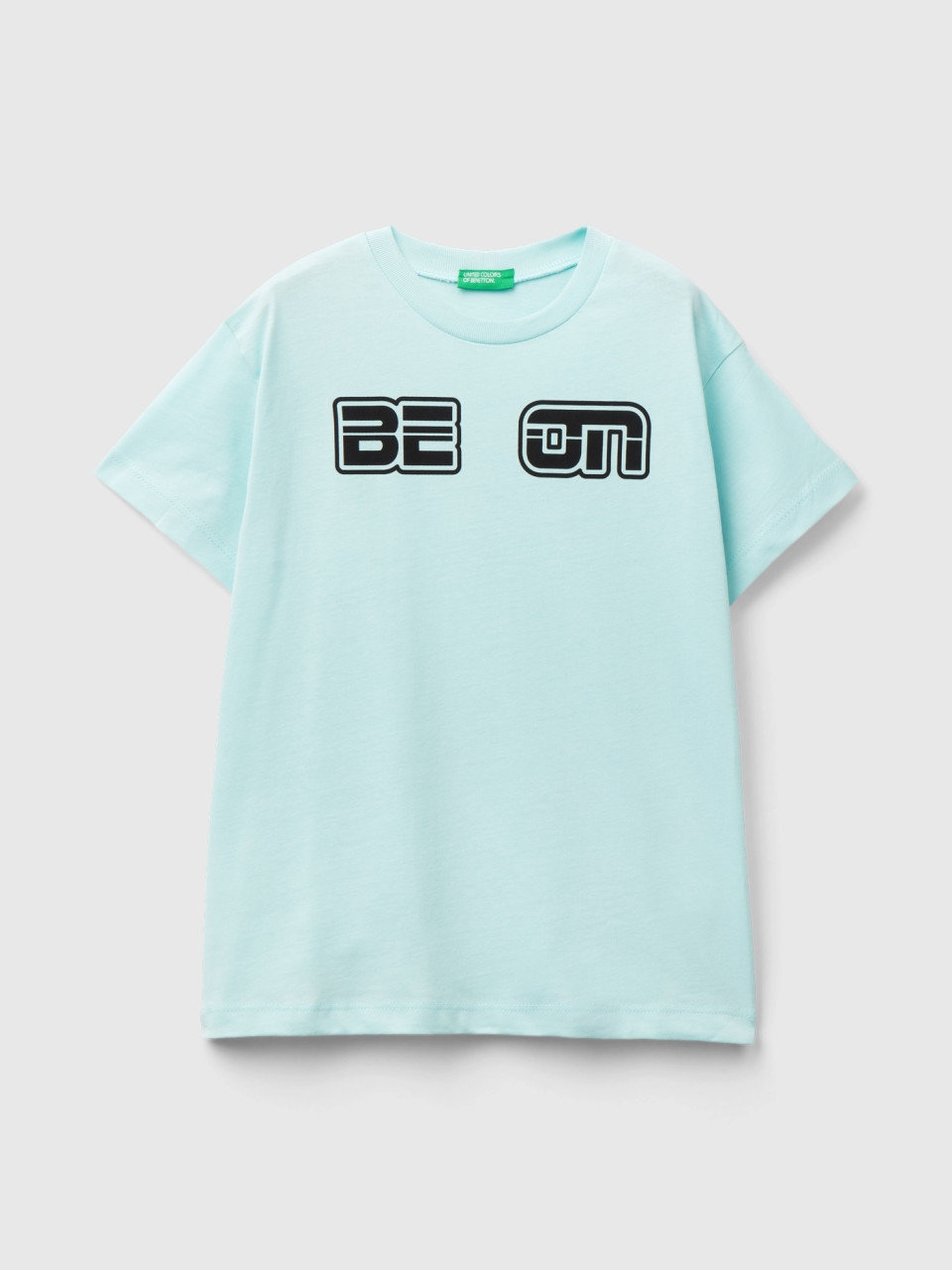 Benetton, T-shirt En 100 % Coton Bio À Logo, Bleu Vert, Enfants