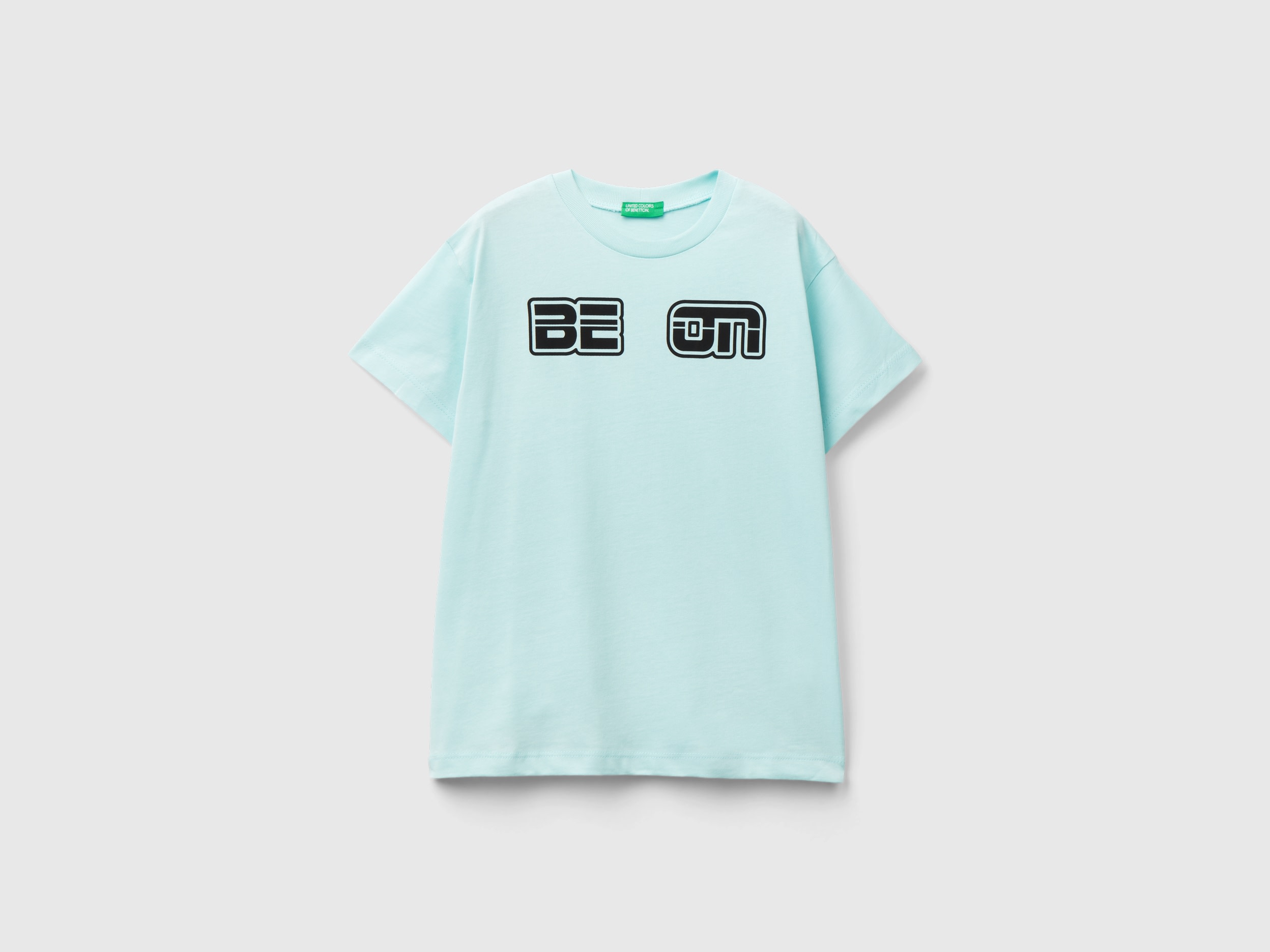 Image of Benetton, 100% Organic Cotton T-shirt With Logo, size 2XL, Aqua, Kids