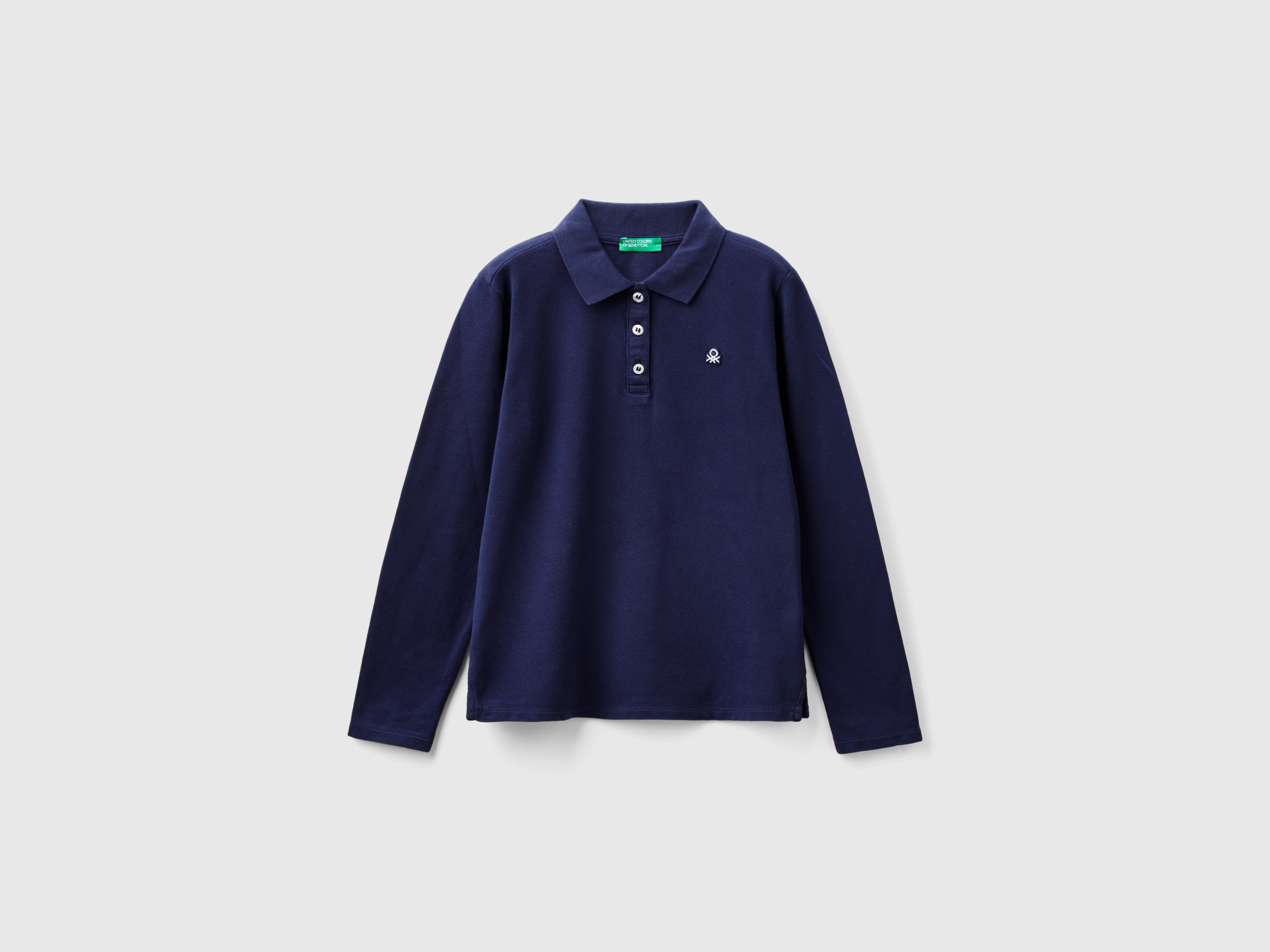 Benetton, Polo Manica Lunga In Cotone Bio, Blu Scuro, Bambini