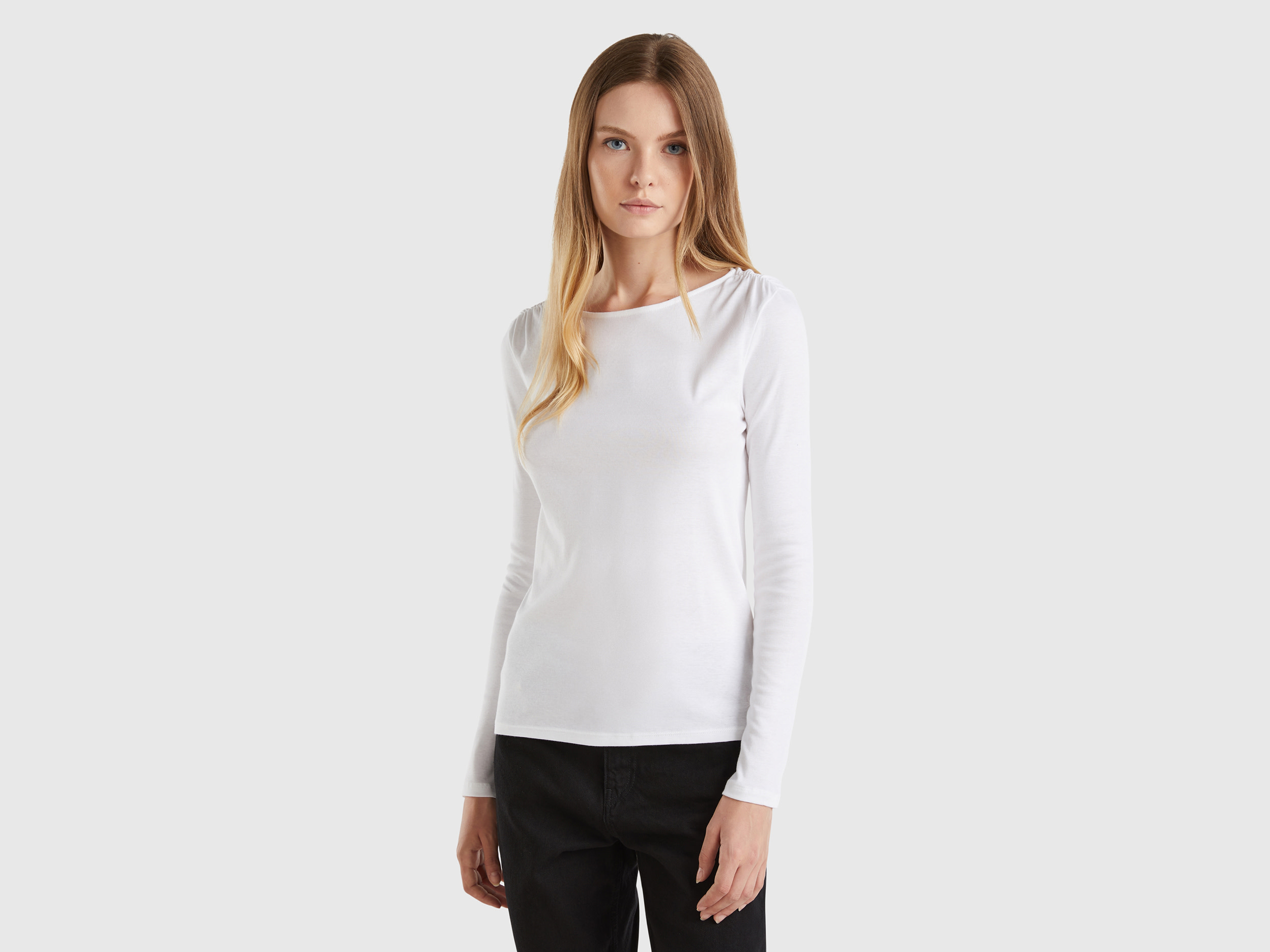 Benetton, Maglietta Manica Lunga In Puro Cotone, Bianco, Donna