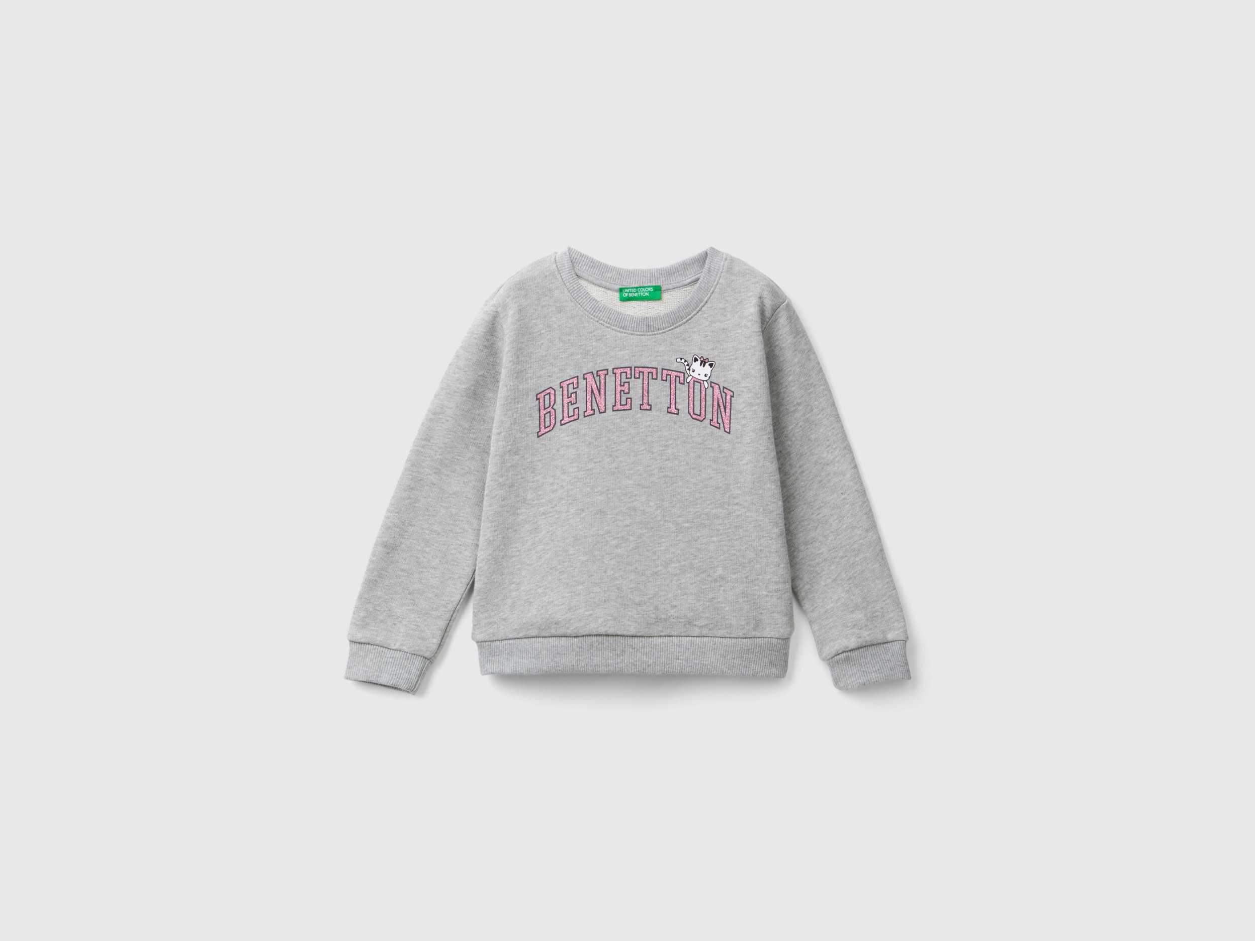 Benetton, Felpa 100% Cotone Bio Con Logo, Grigio Chiaro, Bambini