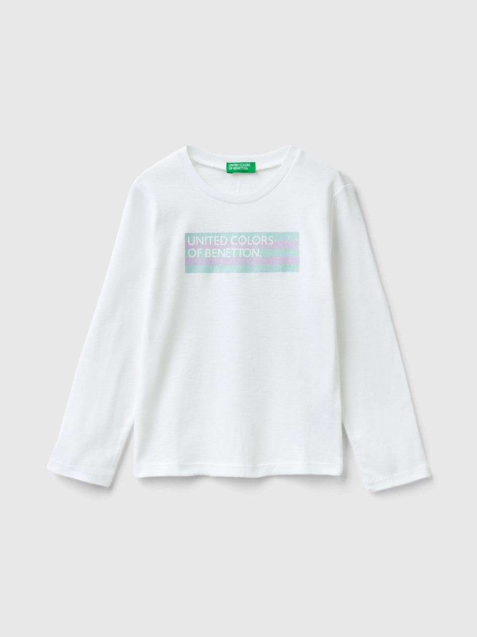 Benetton, Long Sleeve T-shirt With Glittery Print, White, Kids