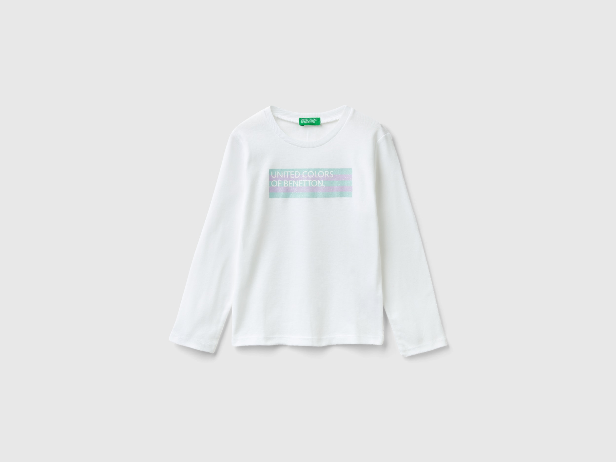 Image of Benetton, Long Sleeve T-shirt With Glittery Print, size 104, White, Kids