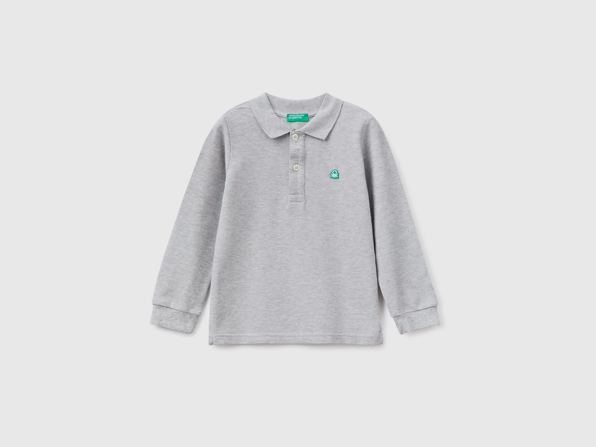 Image of Benetton, Long Sleeve Polo In Organic Cotton, size 90, Light Gray, Kids