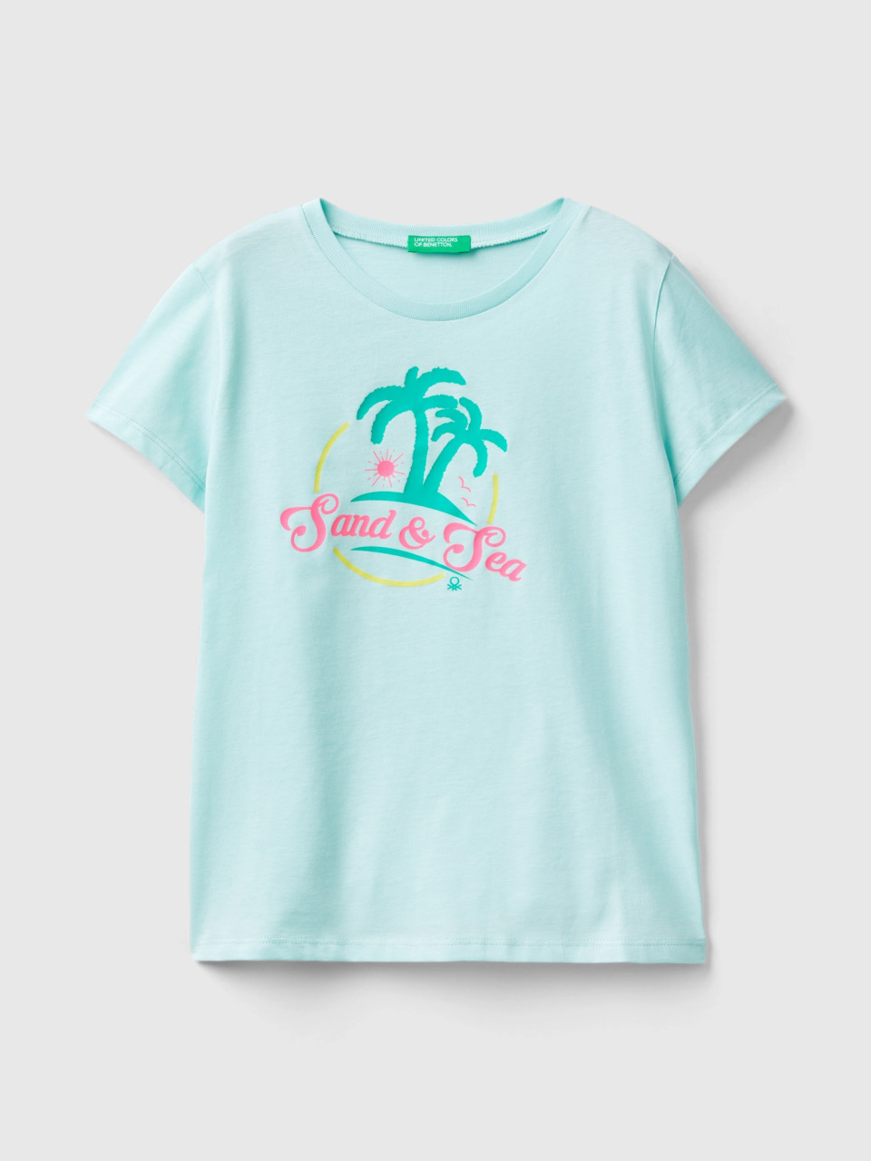Benetton, T-shirt With Neon Details, Aqua, Kids