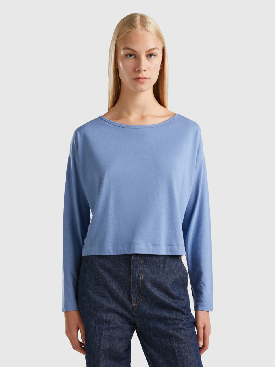 Benetton, T-shirt Bleu Clair En Coton À Fibre Longue, Bleu Clair, Femme