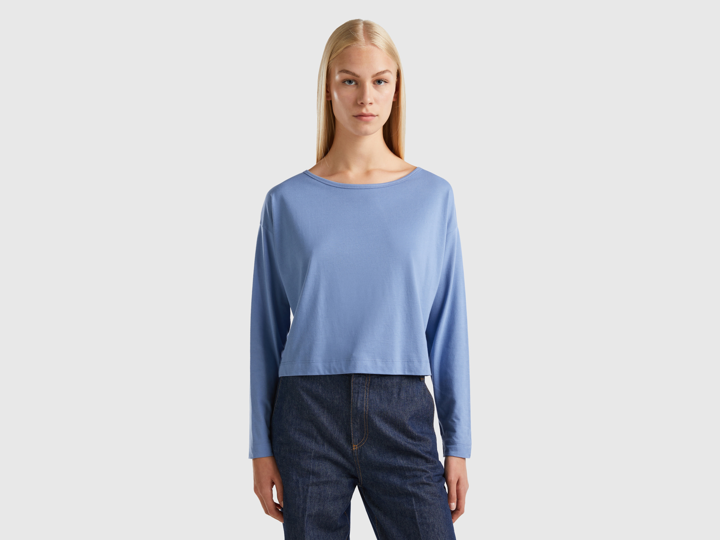 Benetton, Sky Blue Long Fiber Cotton T-shirt, size XL, Light Blue, Women