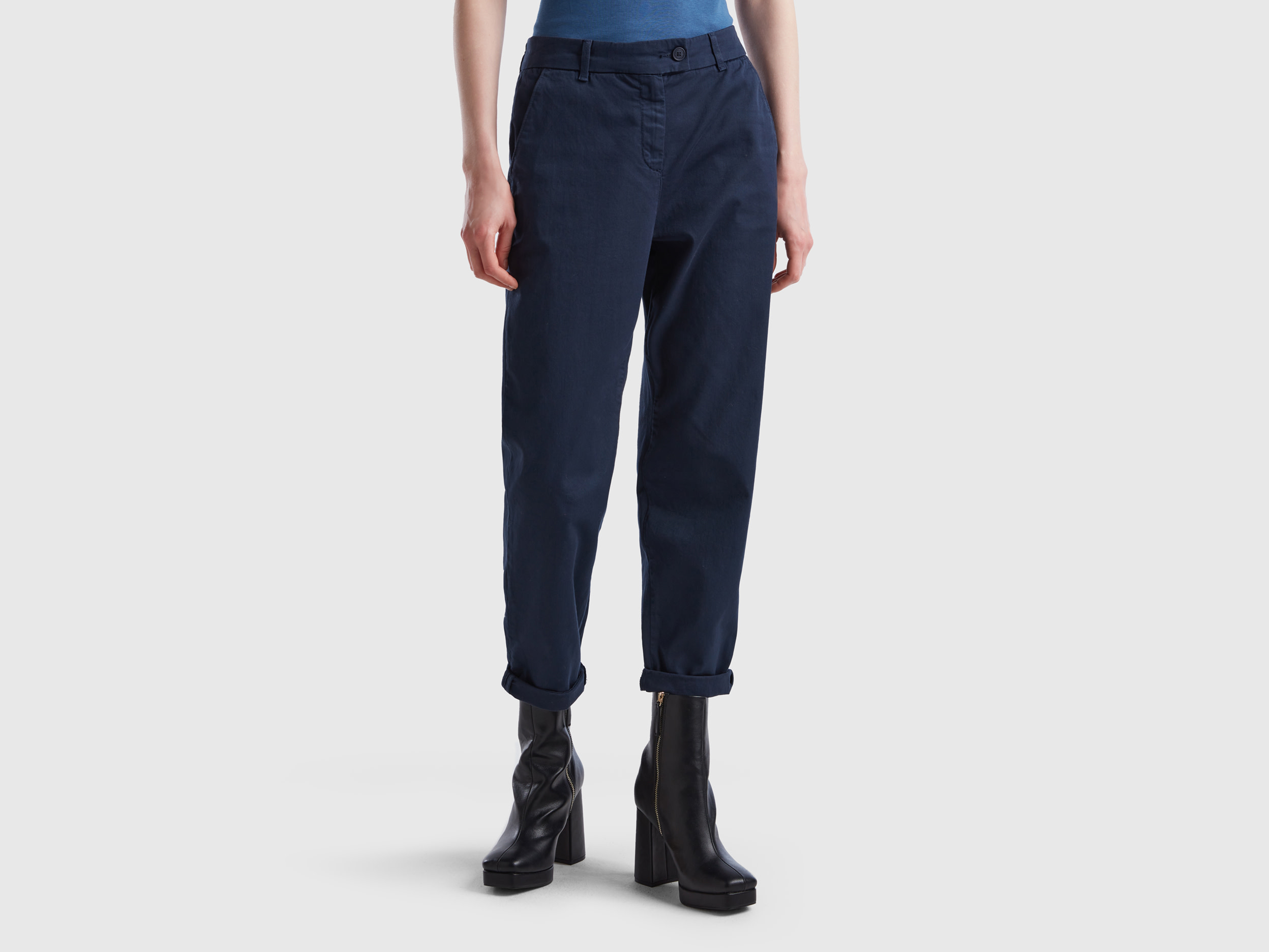 Benetton, Stretch Cotton Chino Trousers, size 10, Dark Blue, Women