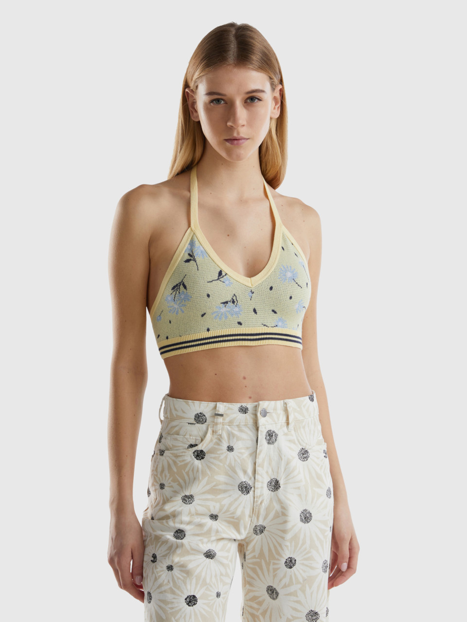 Benetton, Cropped Top In Floral Knit, Yellow, Women