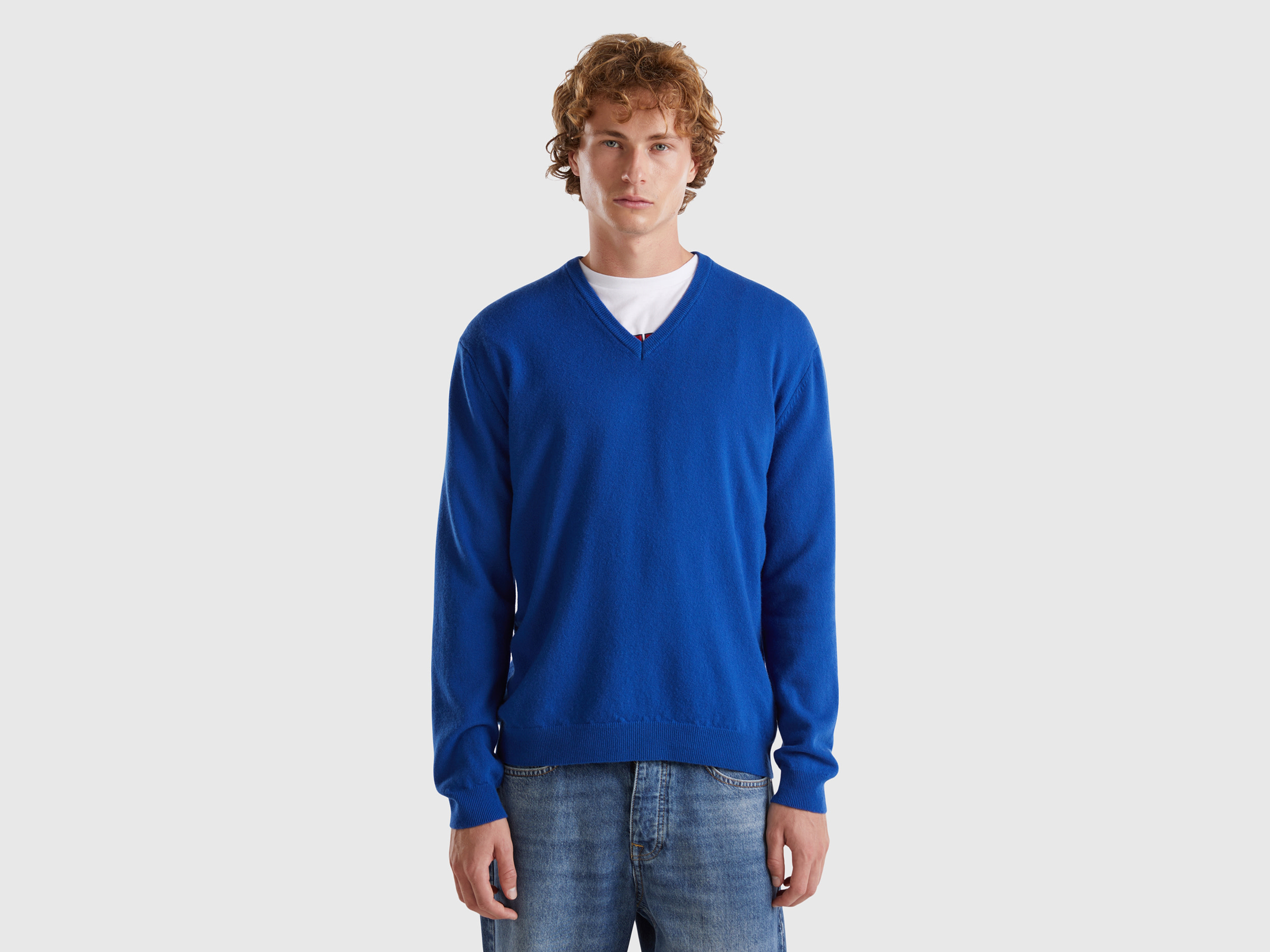 Benetton, Maglia Scollo A V Blu Notte In Pura Lana Merino, Blu Scuro, Uomo