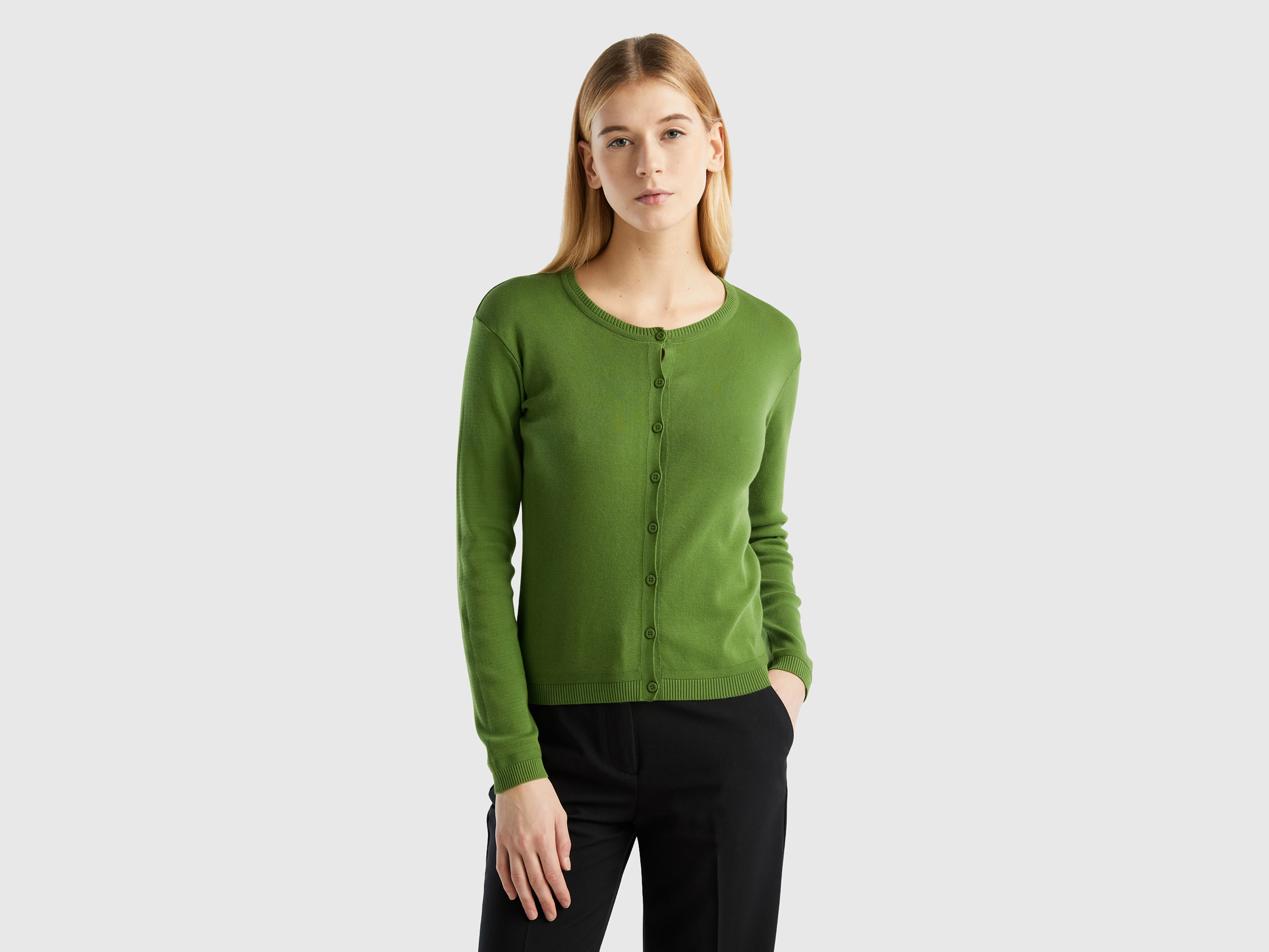 Benetton, Crew Neck Cardigan In Pure Cotton, size S, Military Green, Women