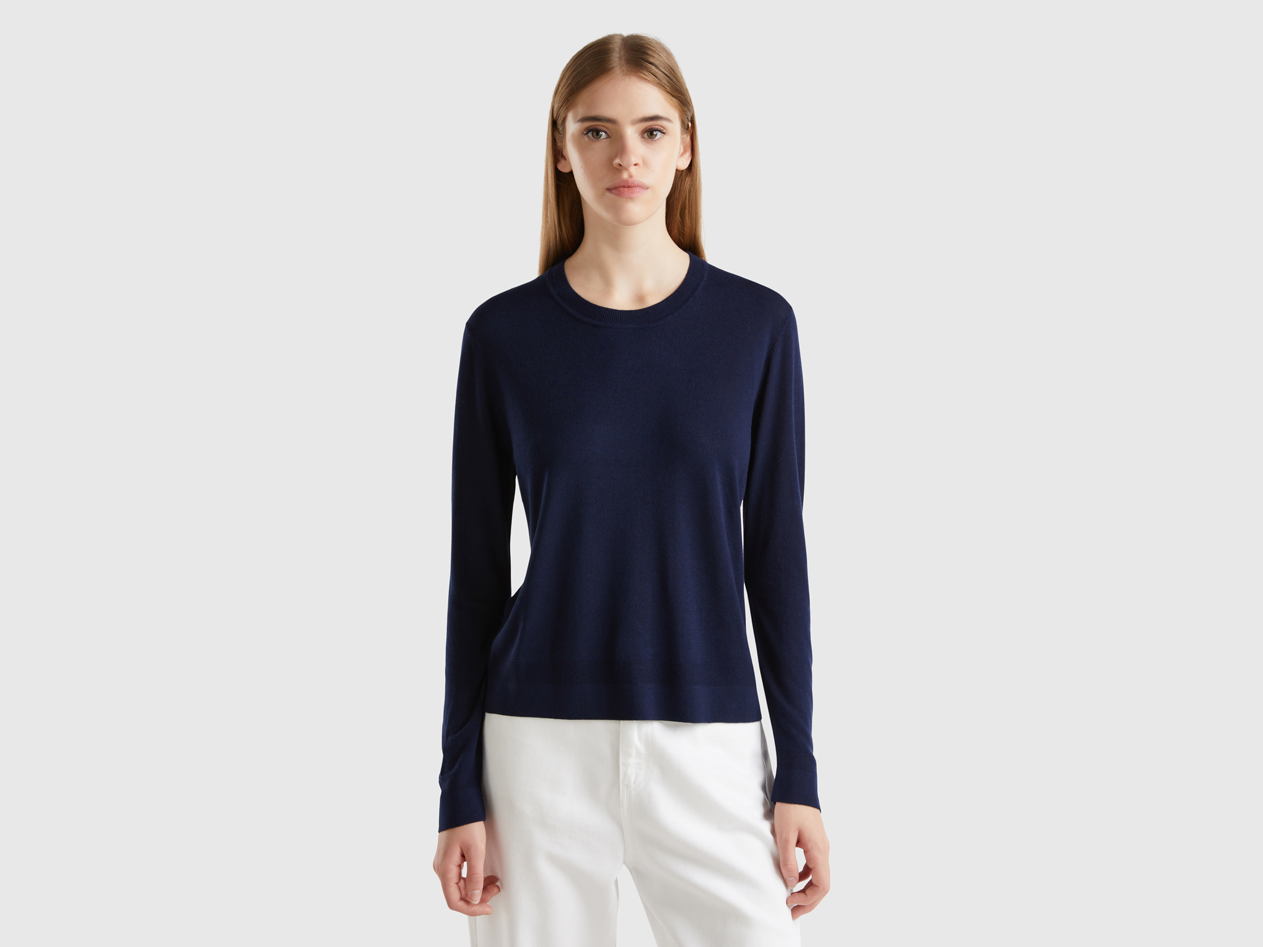Benetton, Maglia Manica Lunga In Misto Seta, Blu Scuro, Donna