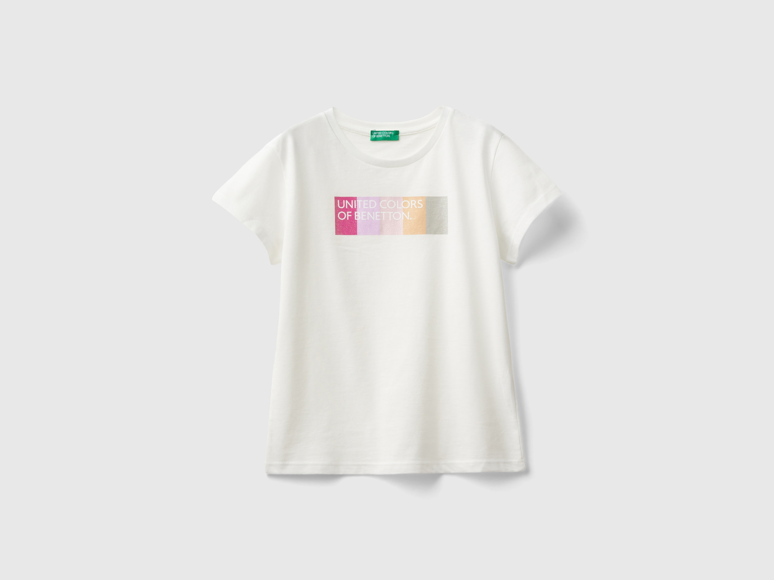 Benetton, T-shirt Con Logo Glitter In Cotone Bio, Bianco Panna, Bambini