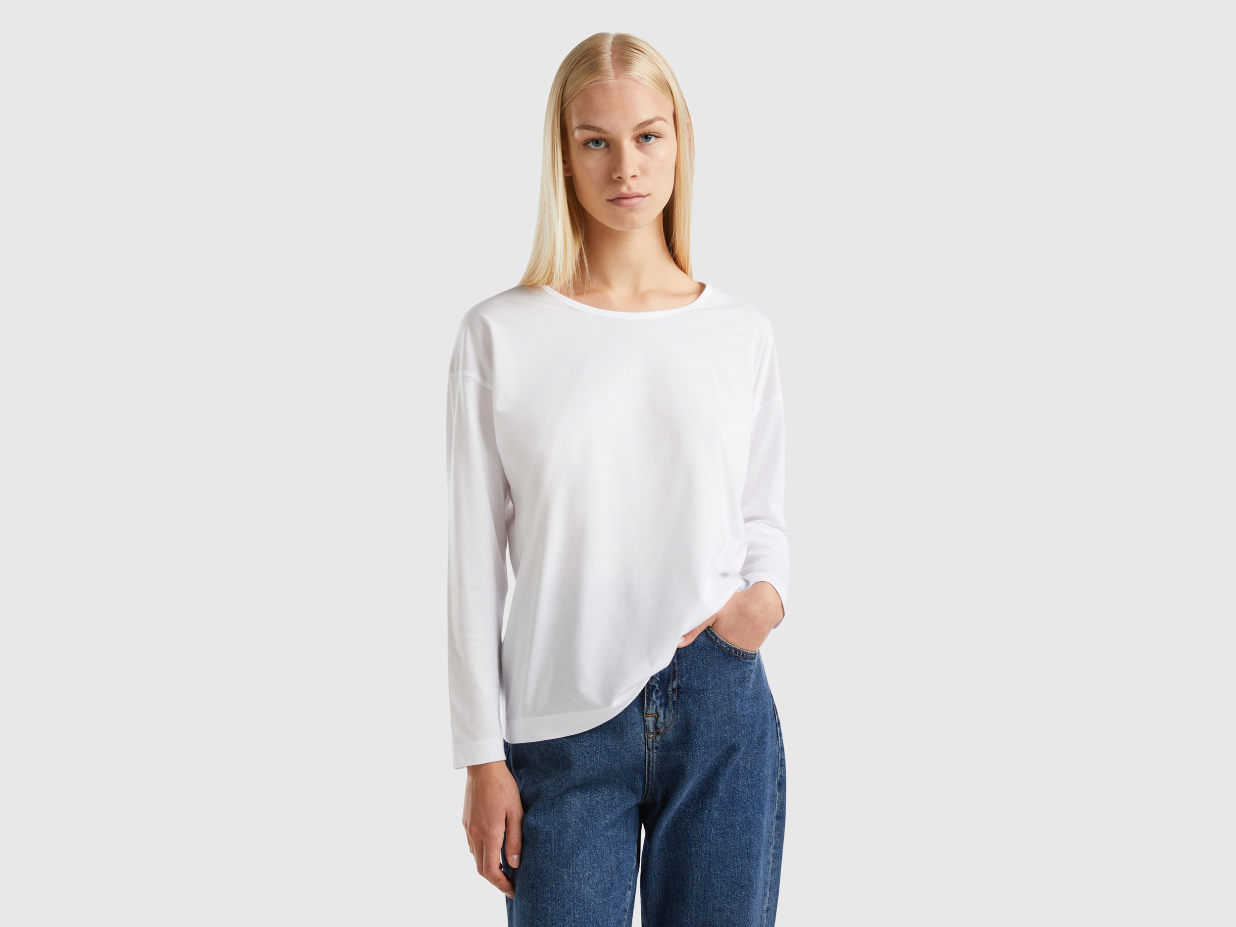 Benetton, White Long Fiber Cotton T-shirt, size M, White, Women