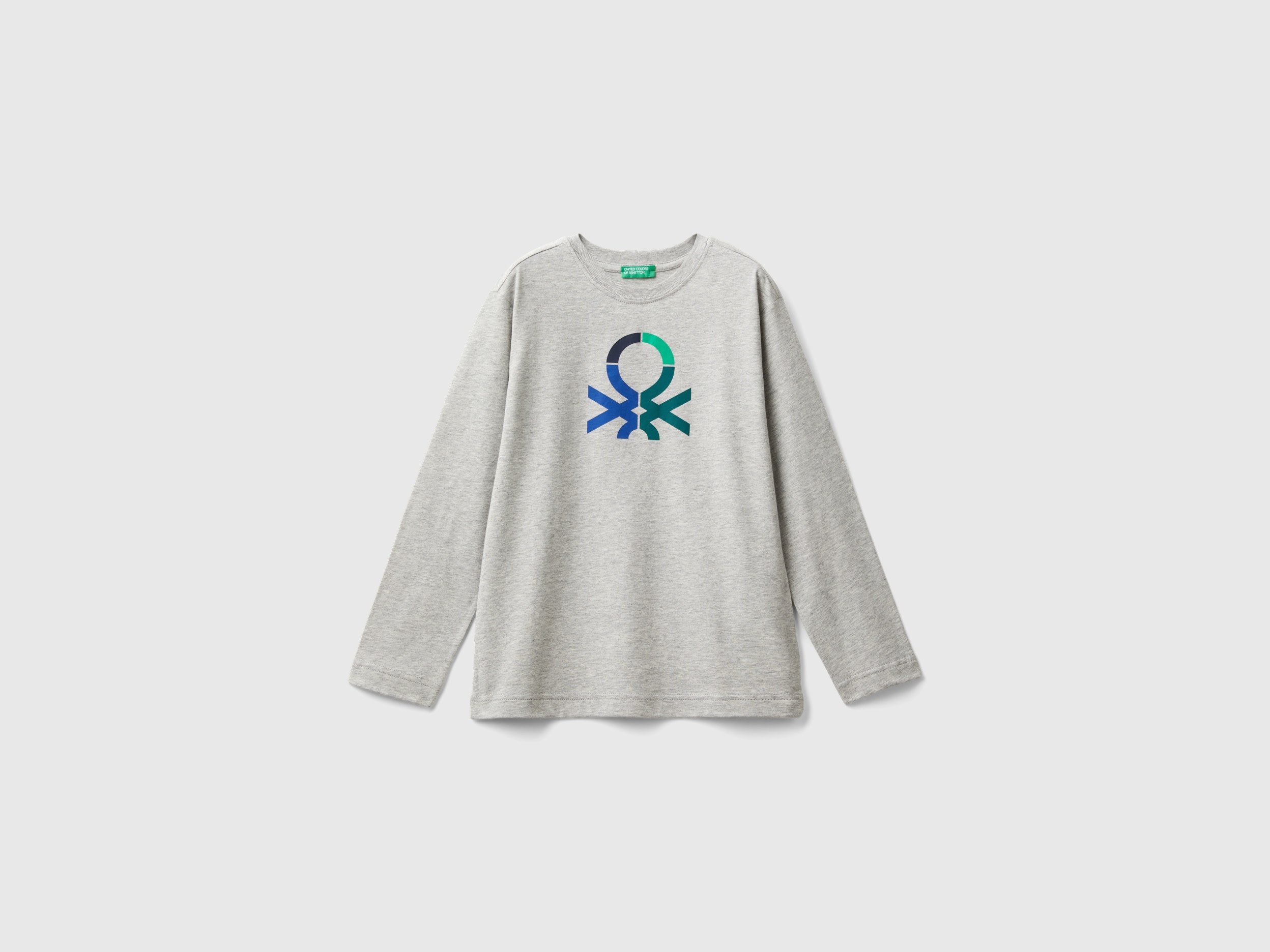 Benetton, T-shirt Manica Lunga 100% Cotone Bio, Grigio Chiaro, Bambini