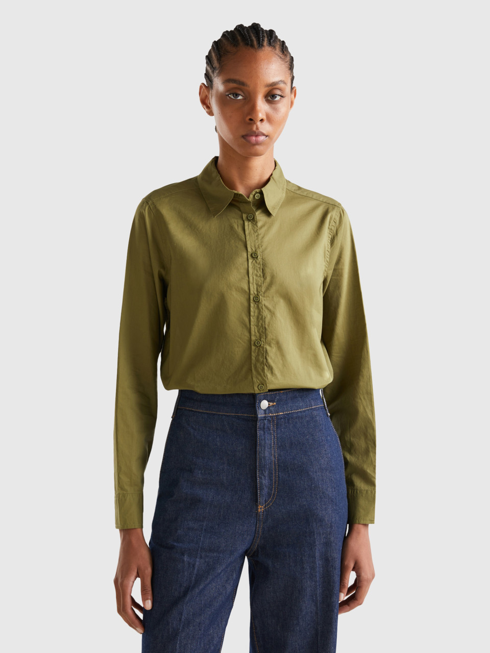 Benetton, Shirt In Lightweight Cotton, Military Green, Women