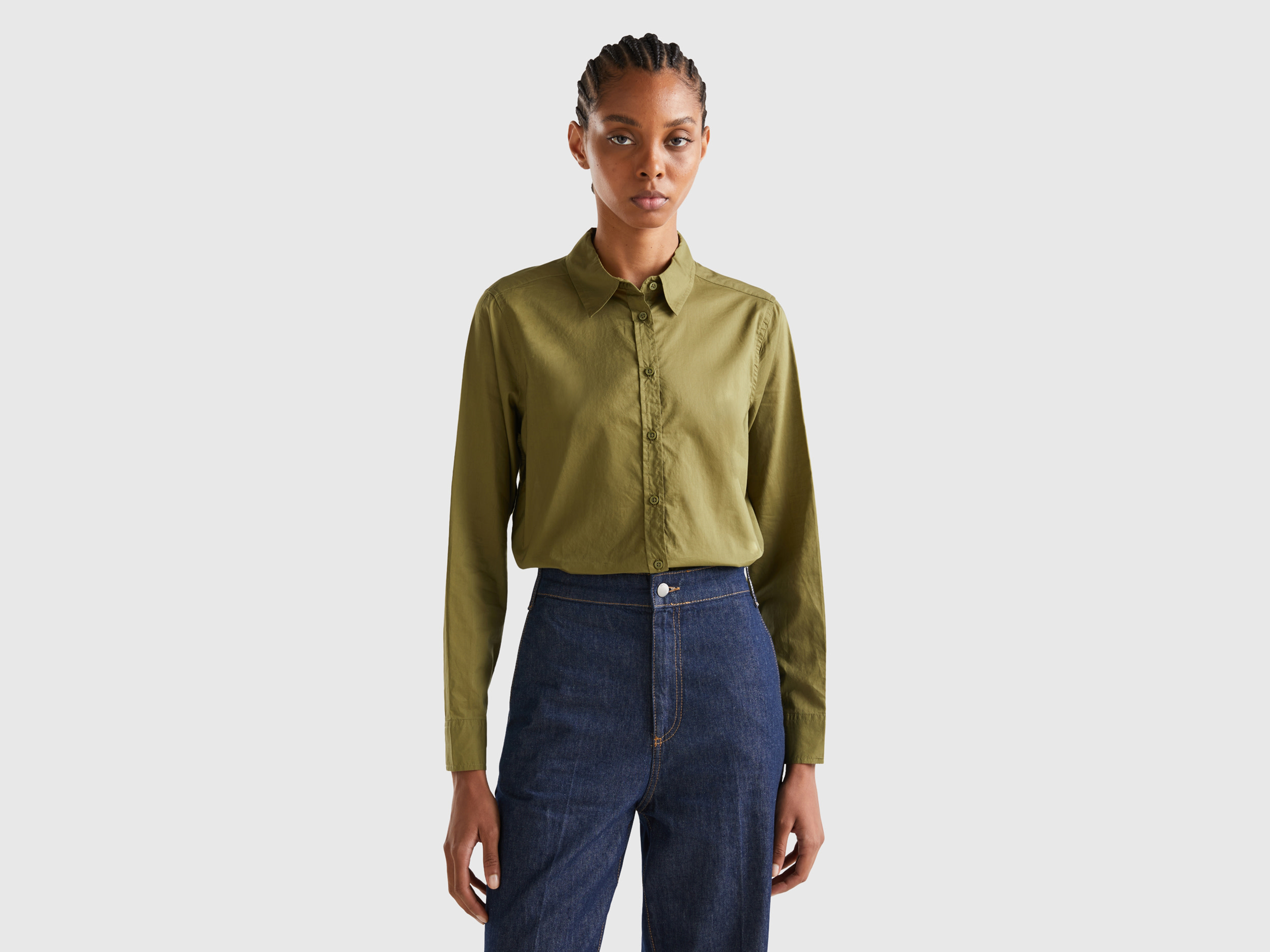Benetton, Shirt In Lightweight Cotton, size L, Military Green, Women