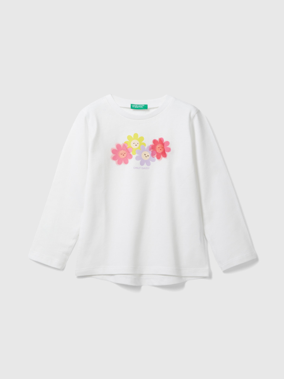 Benetton, T-shirt De Manga Comprida Com Estampa, Branco, Crianças