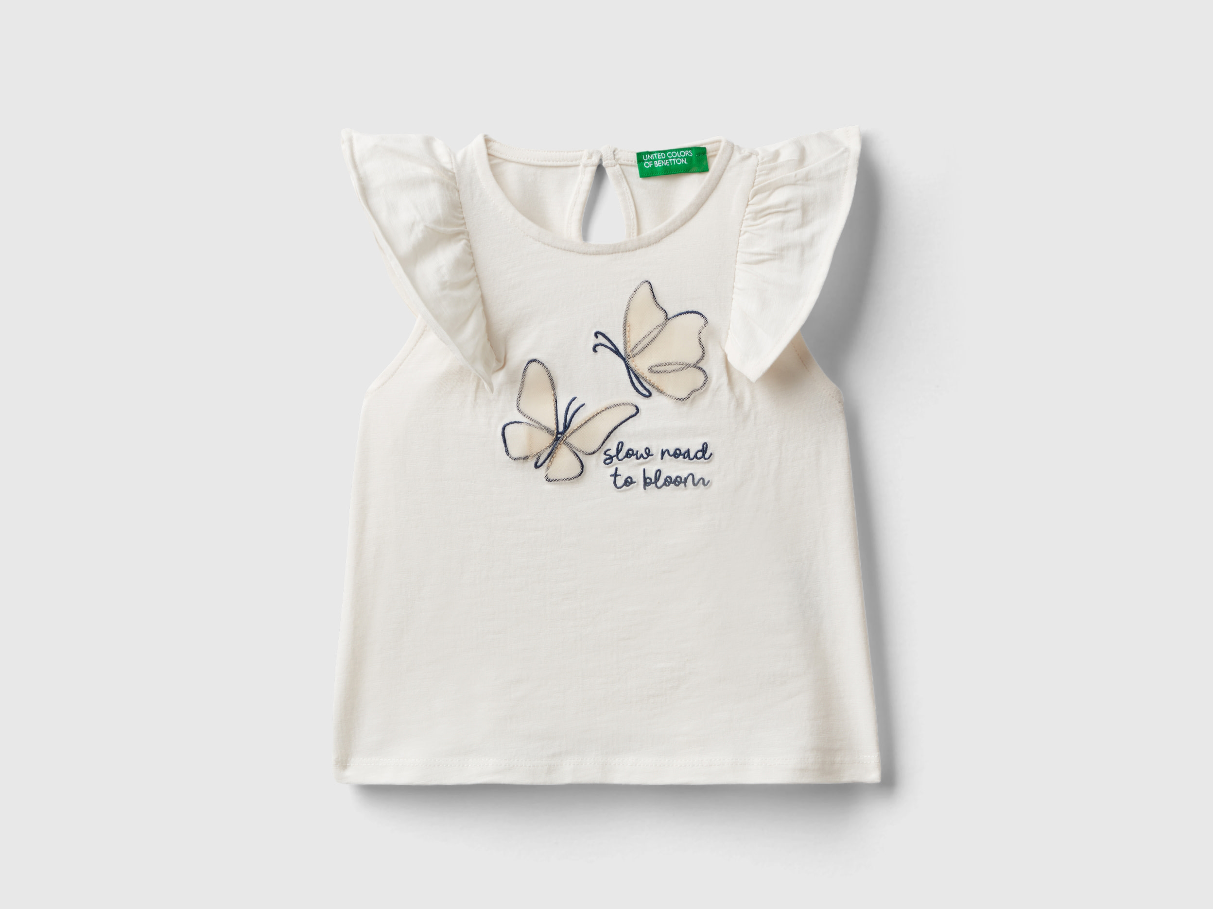 Benetton, Maglietta Con Stampa E Tulle, Bianco Panna, Bambini