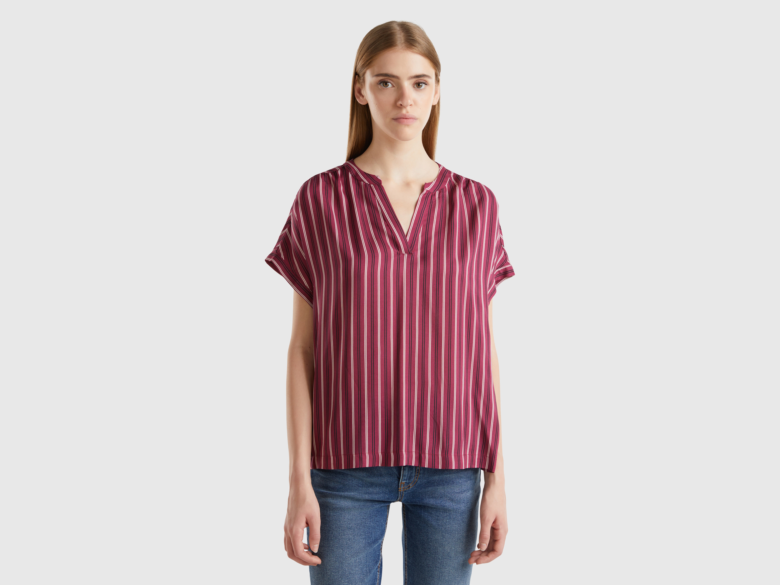 Benetton, Blusa A Righe In Pura Viscosa, Bordeaux, Donna