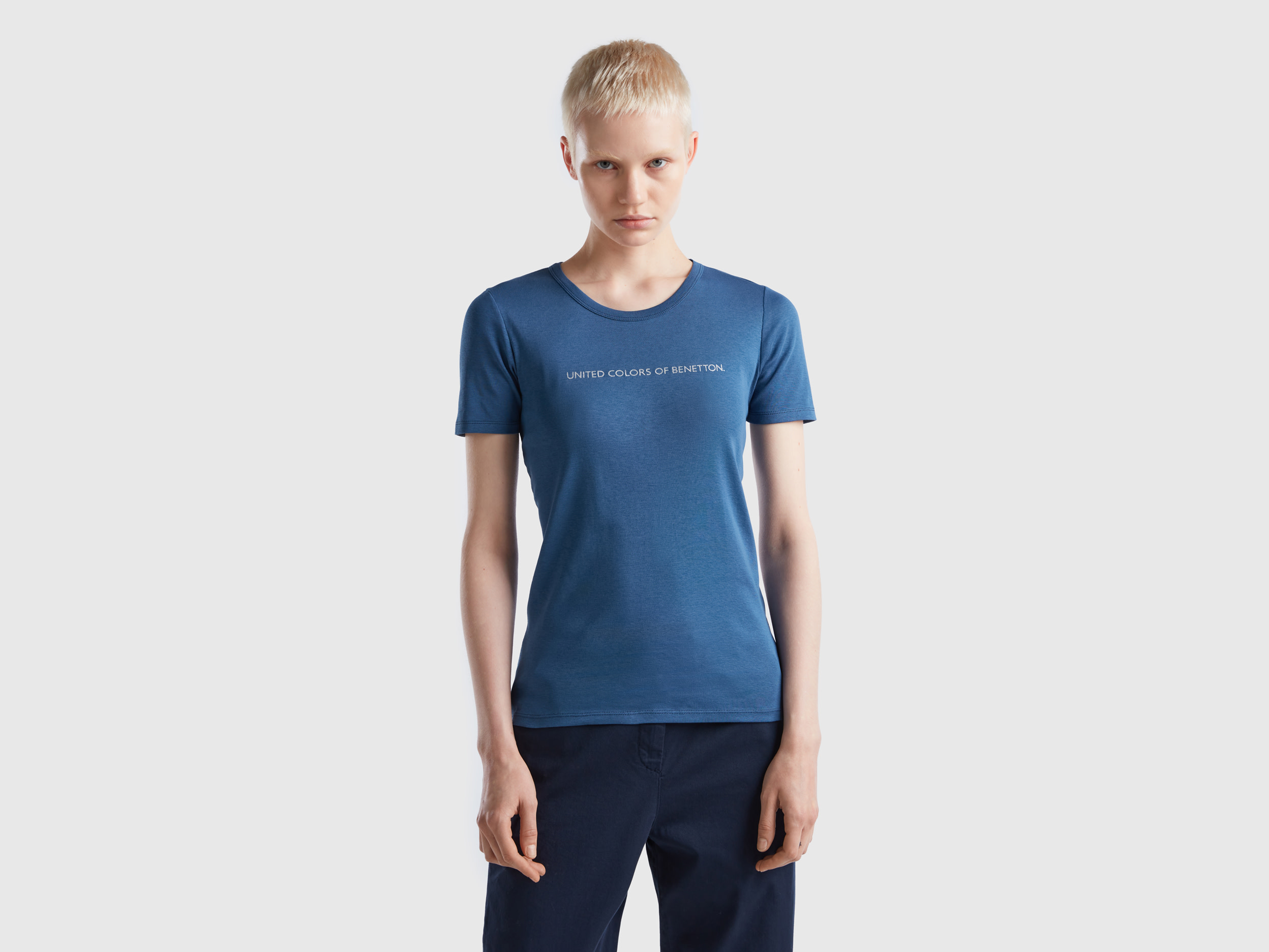 Benetton, T-shirt In 100% Cotton With Glitter Print Logo, size XXS, Air Force Blue, Women