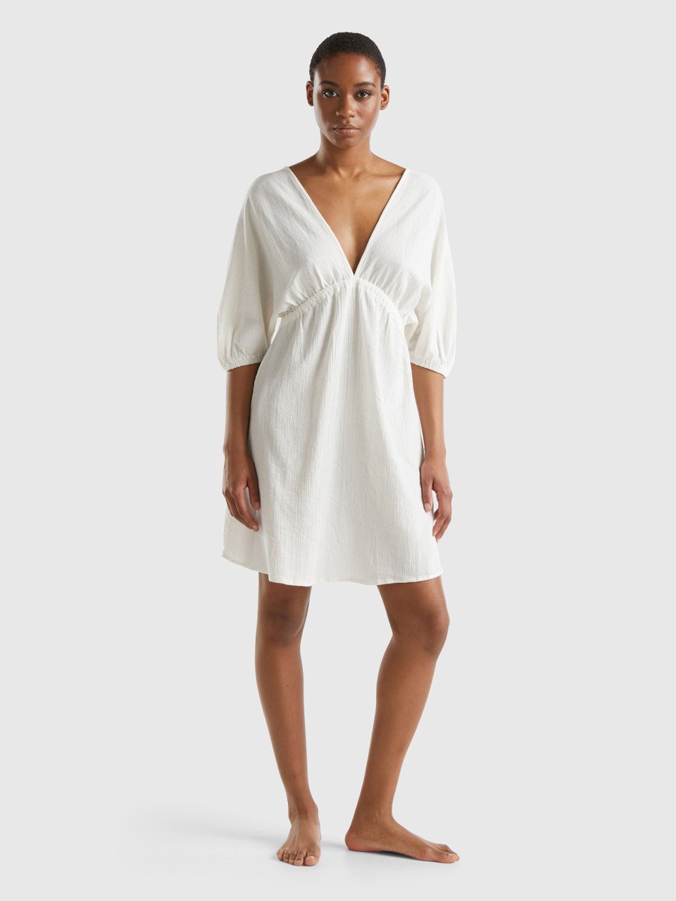 Benetton, Short 100% Cotton Dress, Creamy White, Women