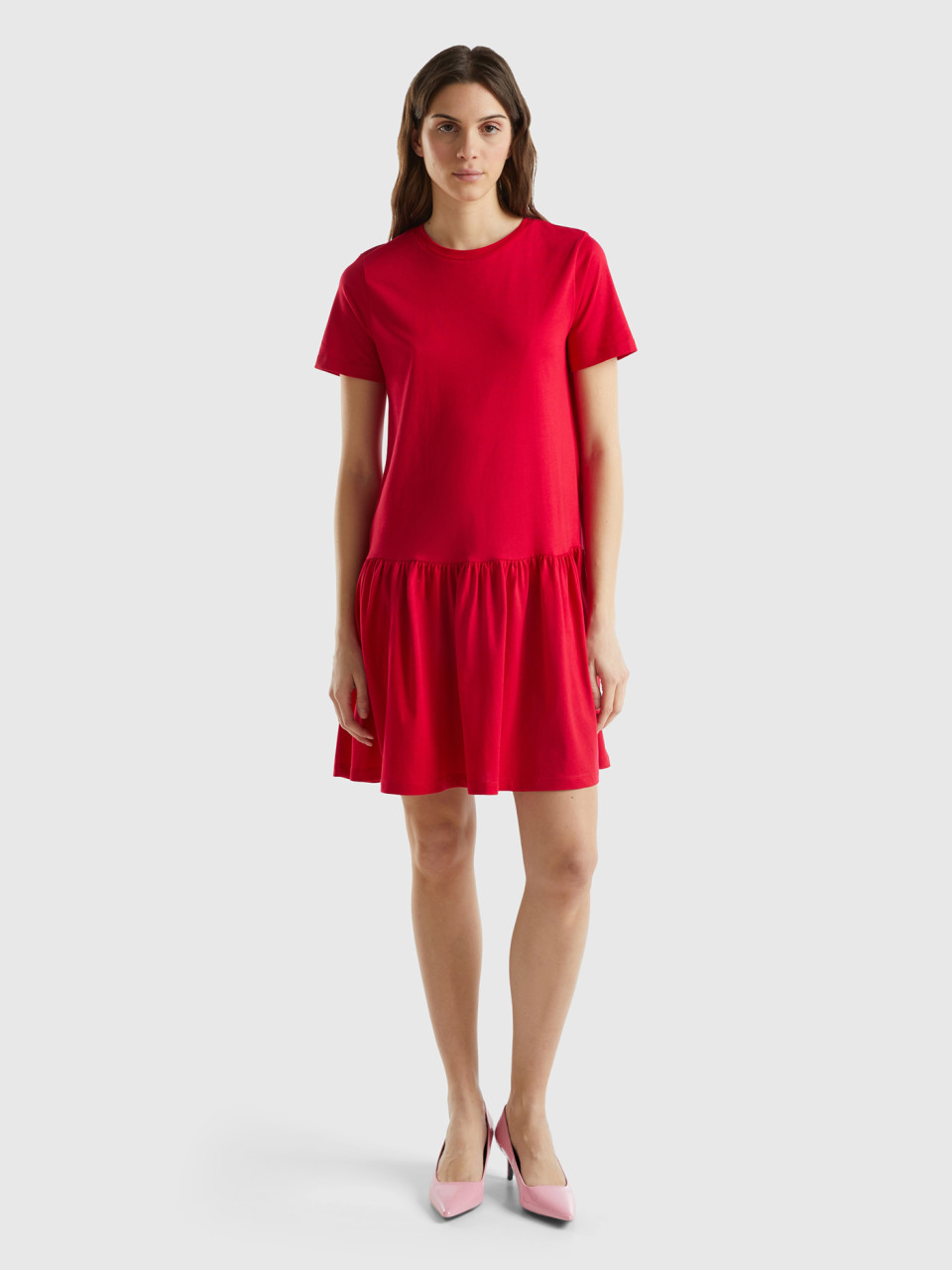 Benetton, Short Dress In Long Fiber Cotton, Red, Women