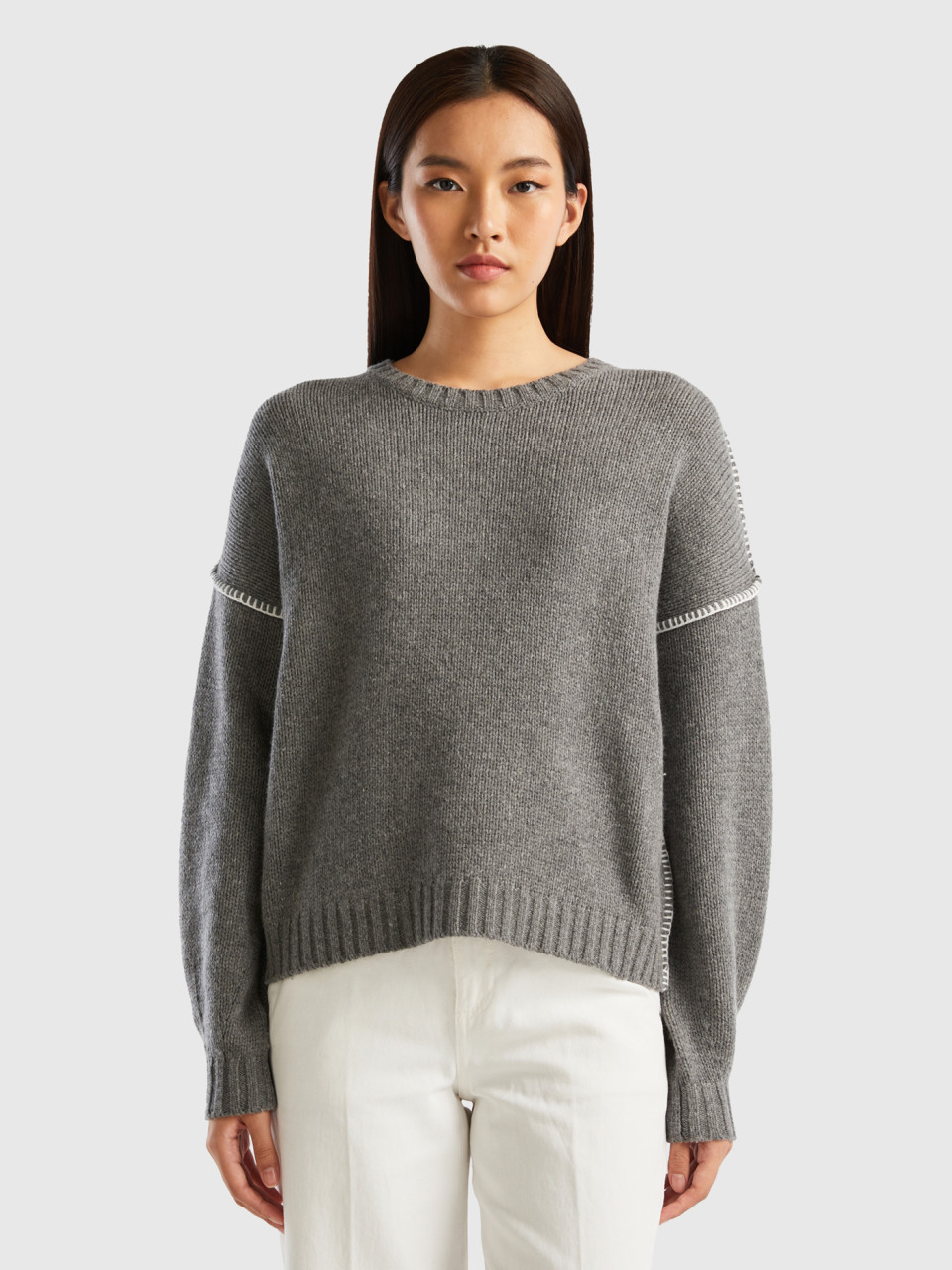Benetton, Boxy Fit Sweater In Wool Blend, Dark Gray, Women