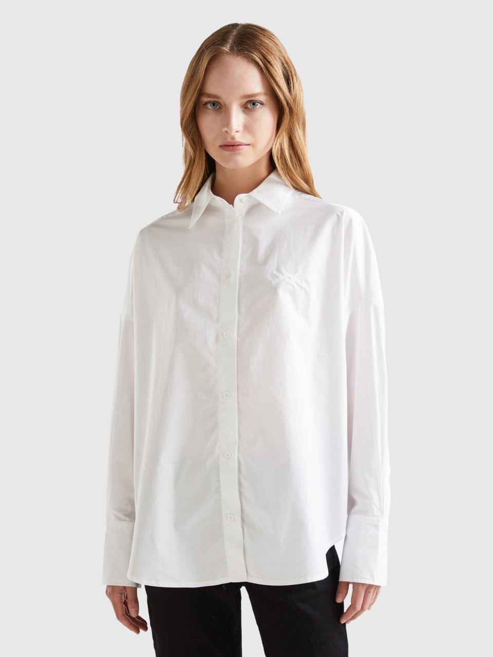 Benetton, Oversized 100% Cotton Shirt, White, Women