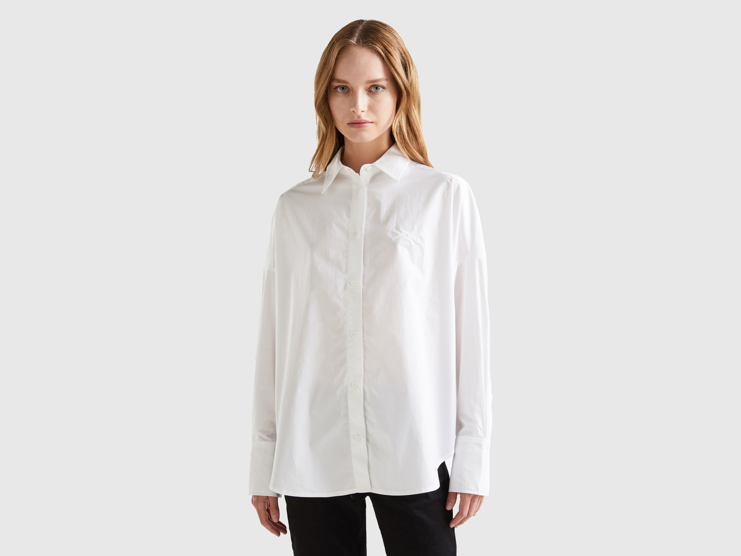 Benetton, Oversized 100% Cotton Shirt, size XXS, White, Women