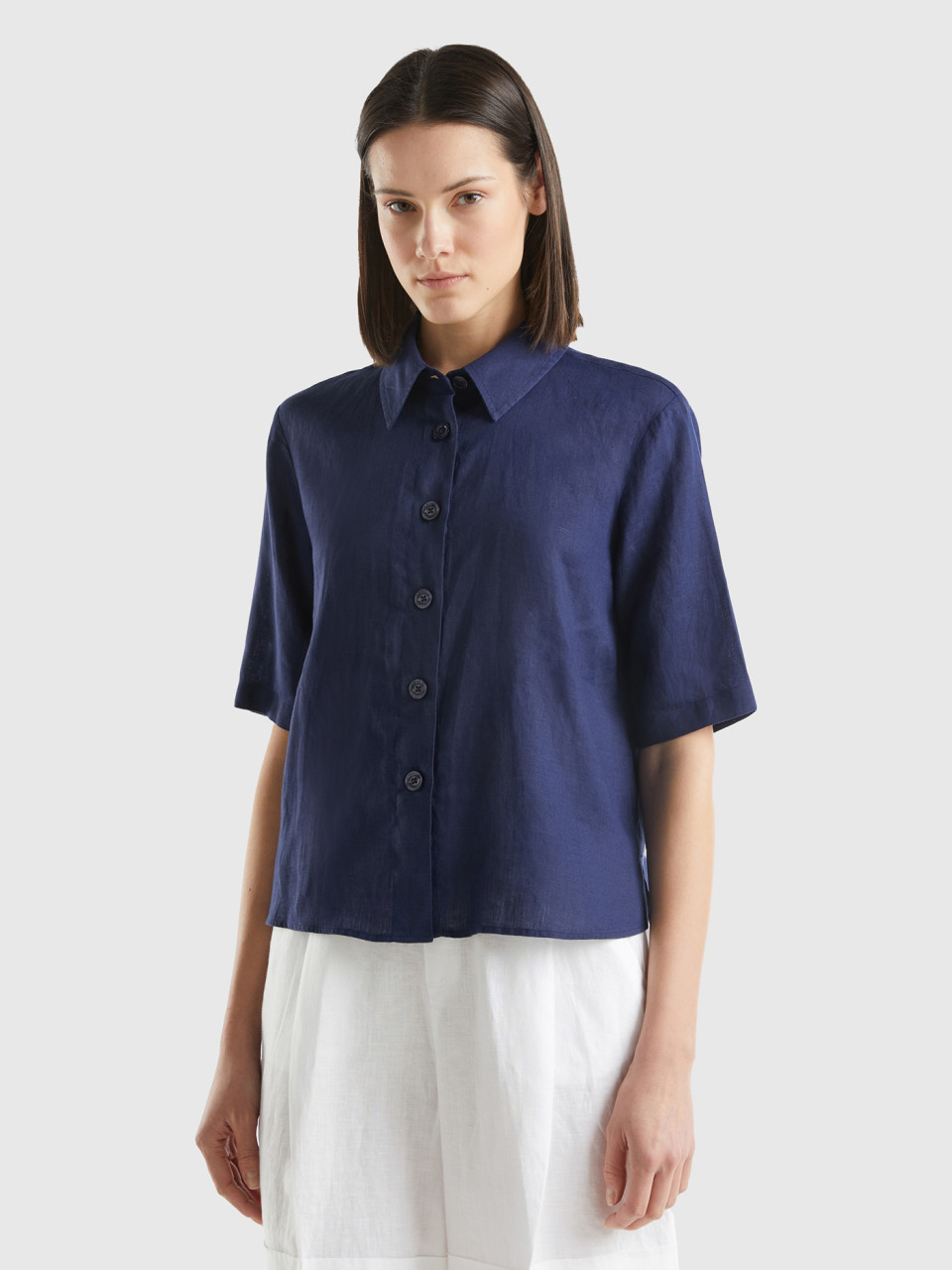 Benetton, Short Shirt In Pure Linen, Dark Blue, Women