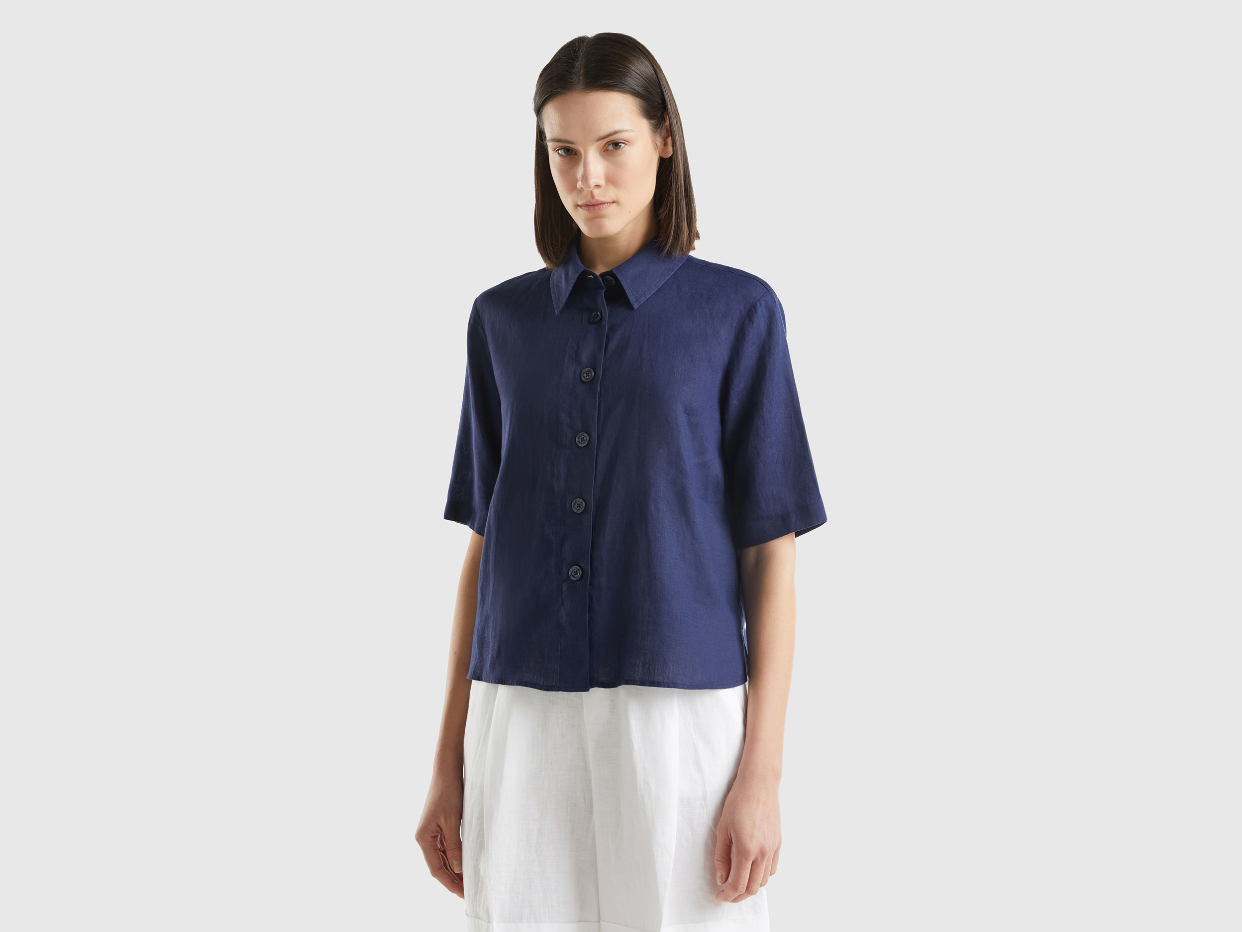 Benetton, Camicia Corta In Puro Lino, Blu Scuro, Donna