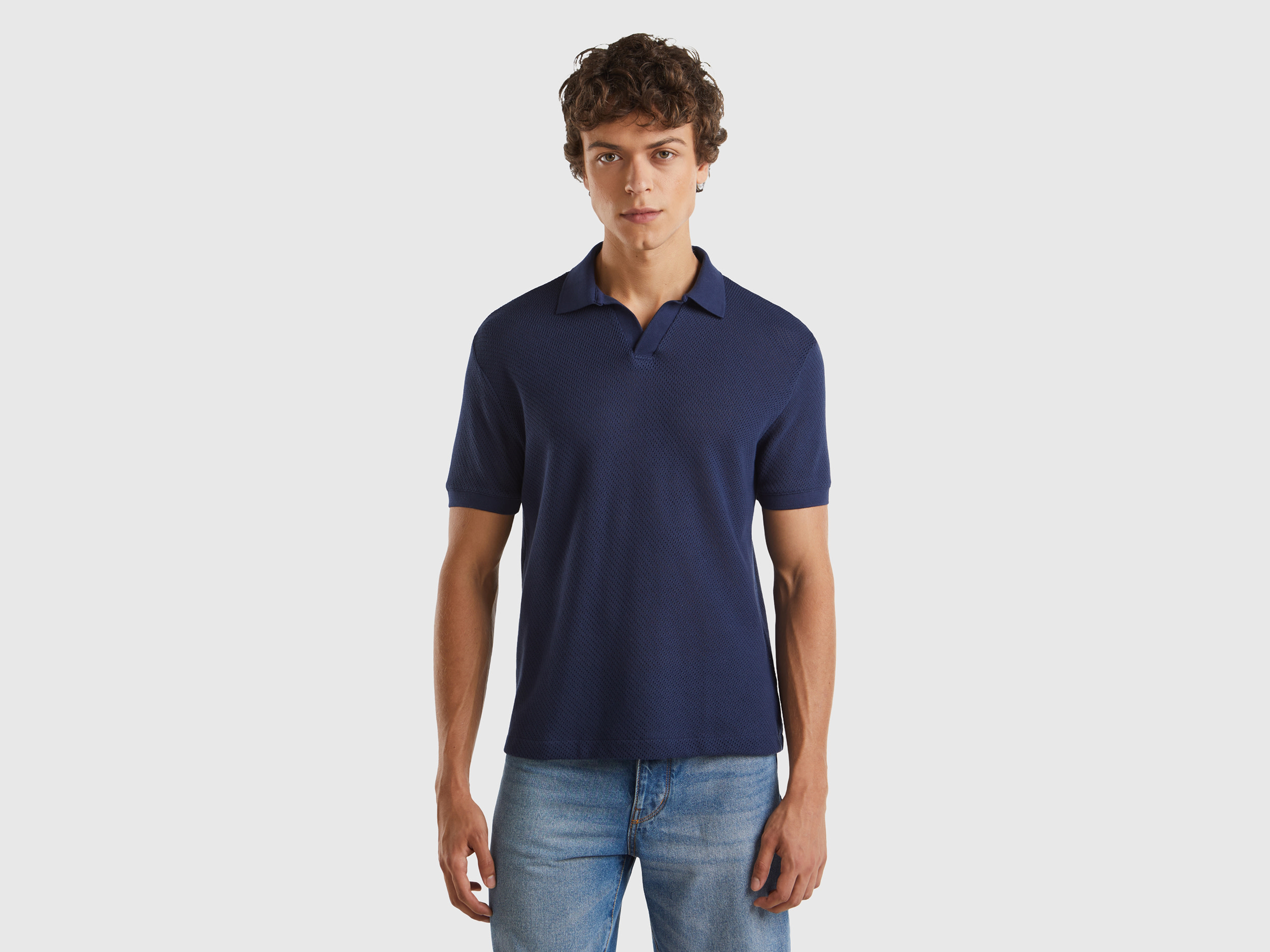 Image of Benetton, Perforated Cotton Polo Shirt, size XXXL, Dark Blue, Men