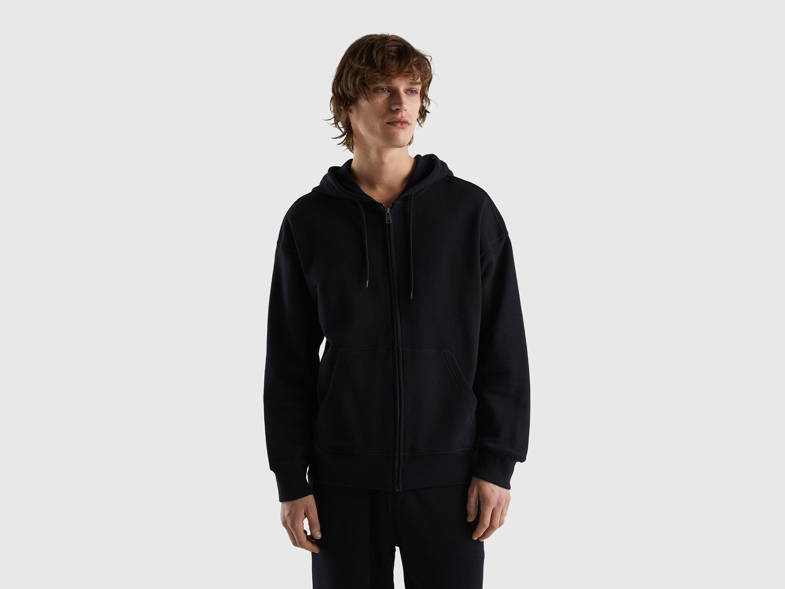 Benetton, Zip-up Hoodie In Cotton, size XL, Black, Men