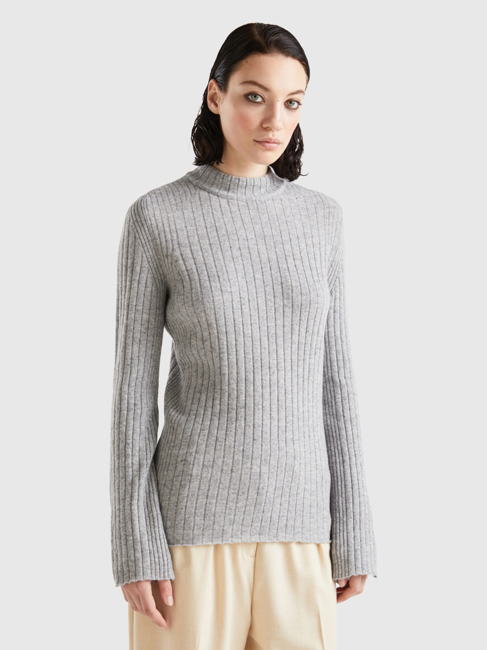 Benetton, Turtleneck Sweater With Slits, Light Gray, Women