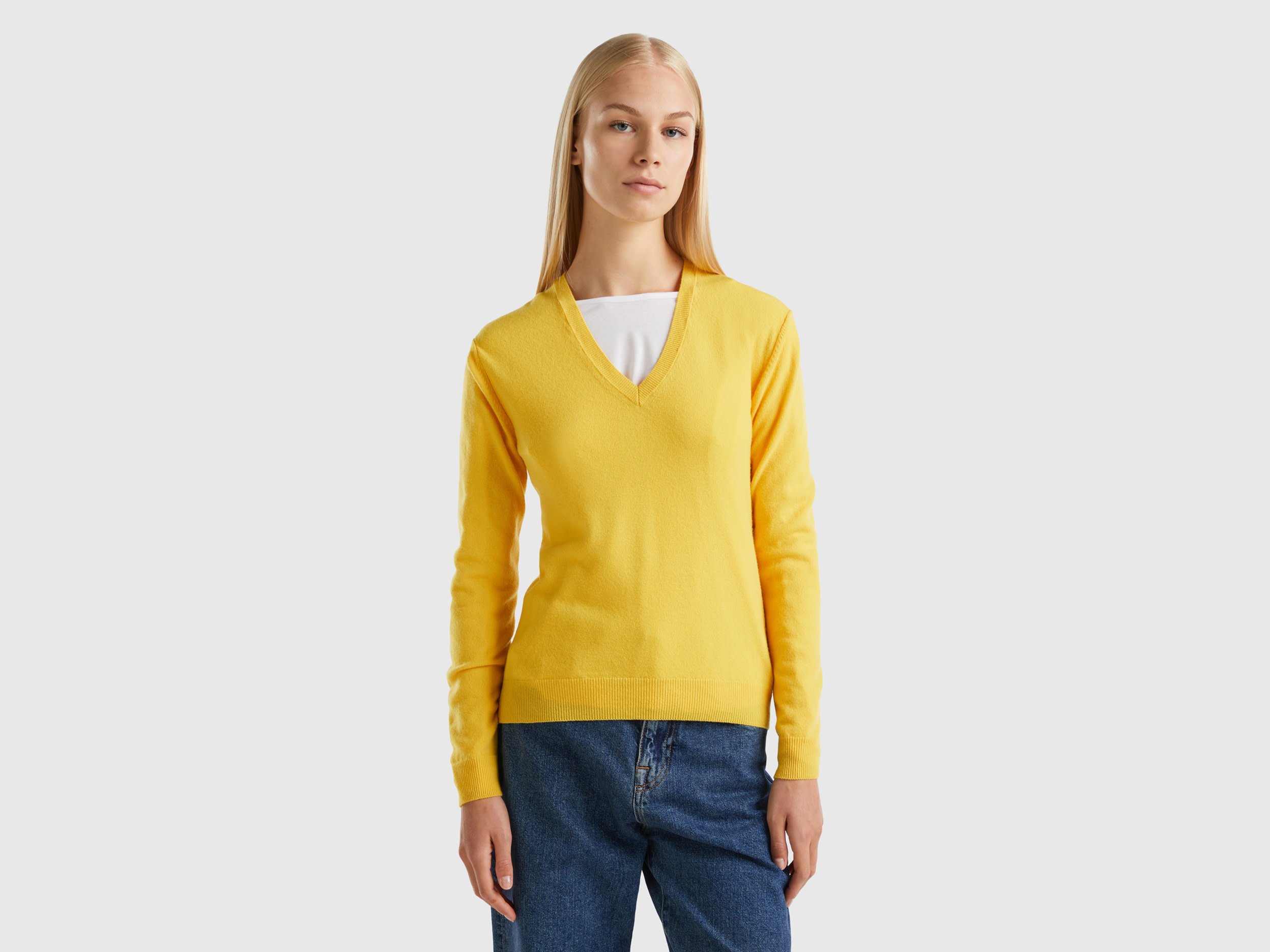 Benetton, Yellow V-neck Sweater In Pure Merino Wool, size S, Yellow, Women