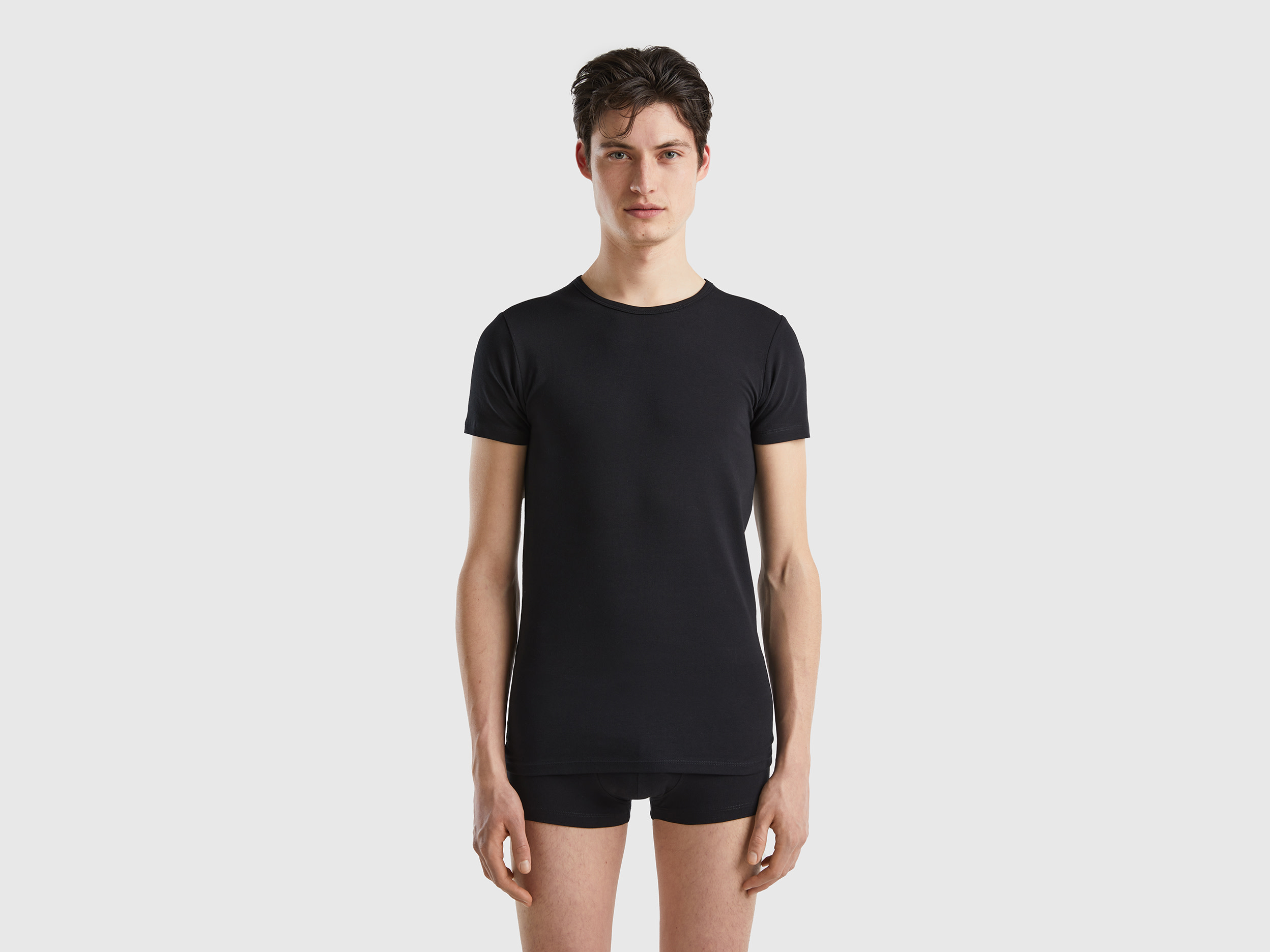 Image of Benetton, Organic Stretch Cotton T-shirt, size L, Black, Men