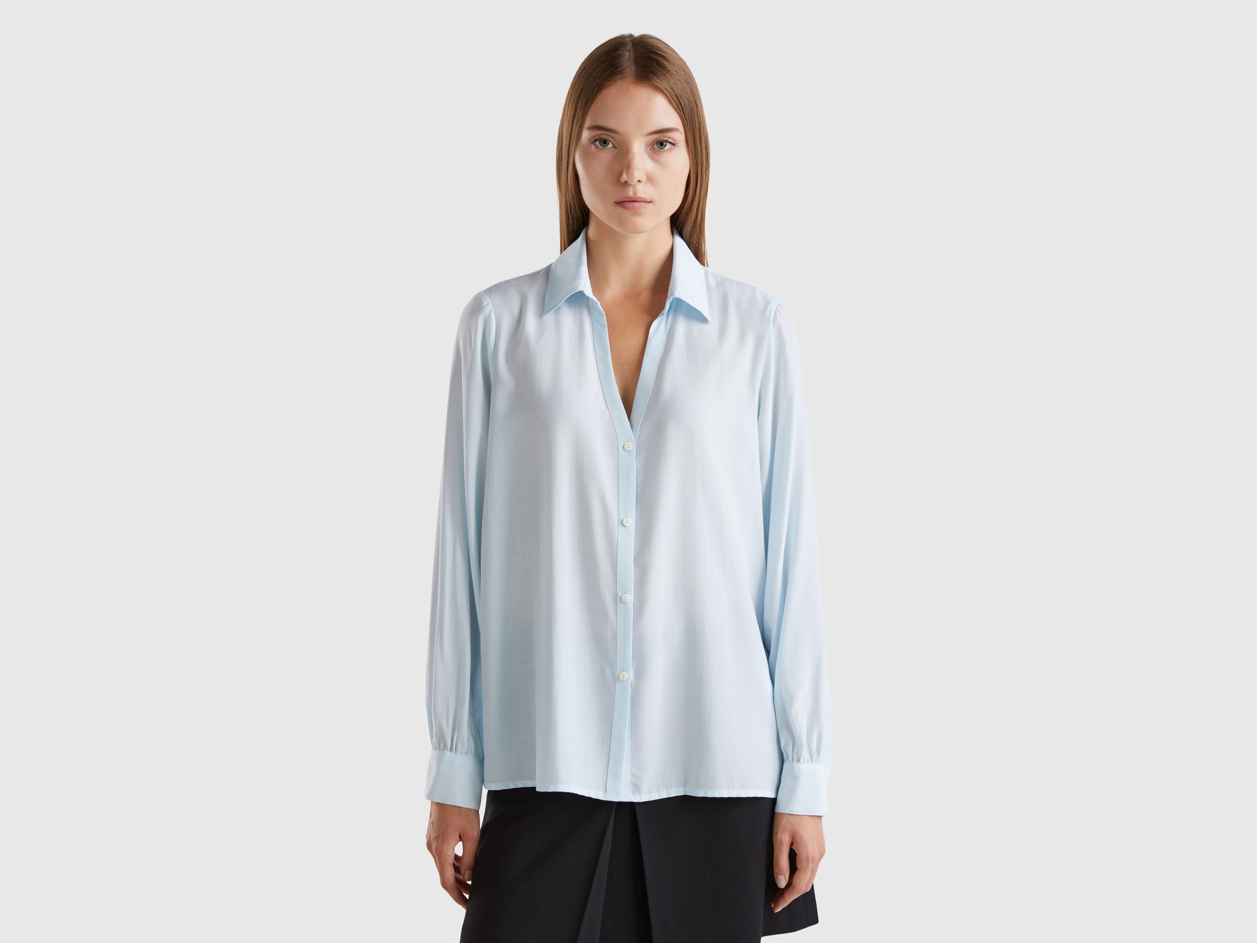 Benetton, Camicia Con Scollo A V, Celeste, Donna