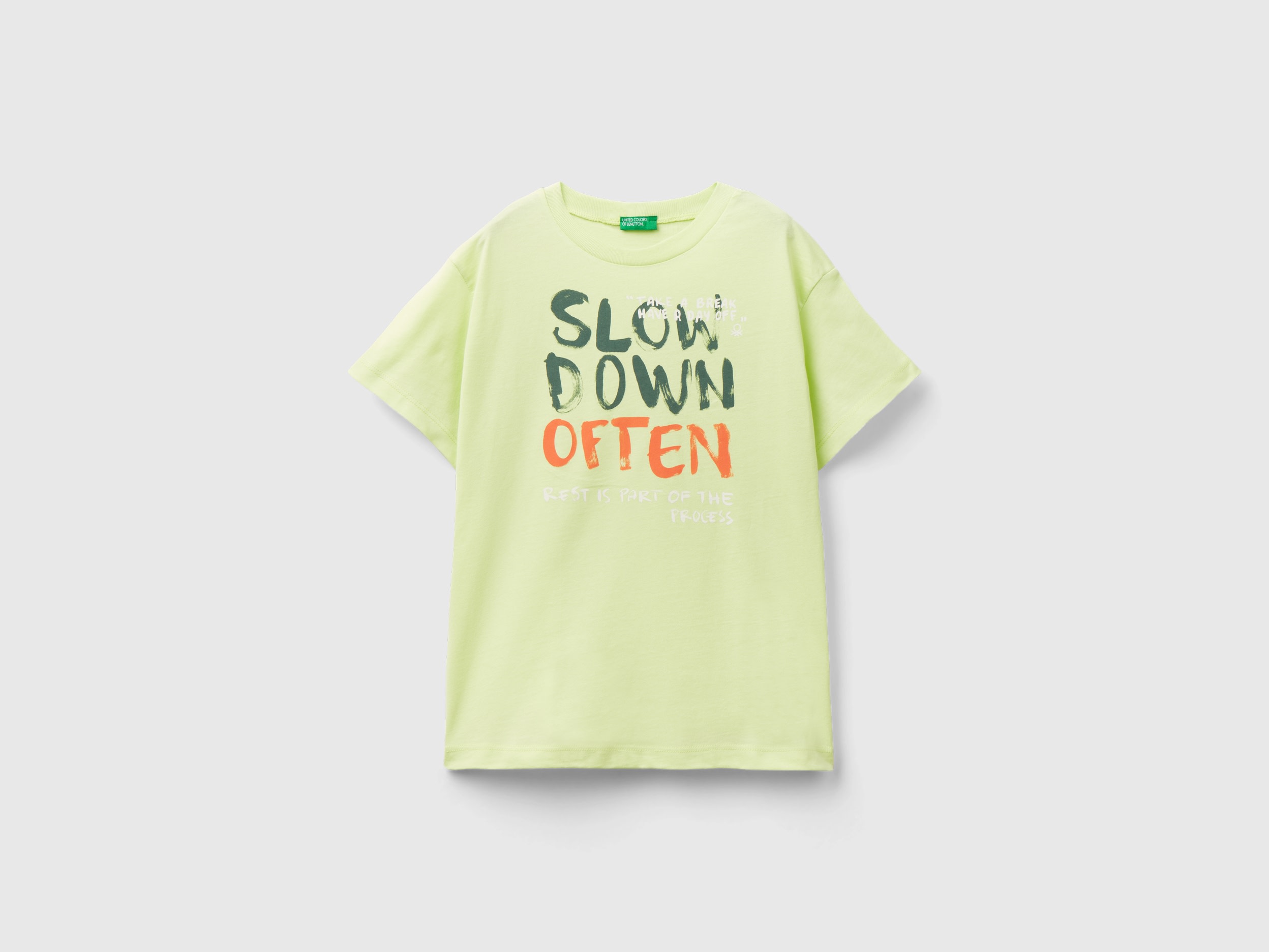 Image of Benetton, T-shirt In Organic Cotton With Print, size XL, Lime, Kids
