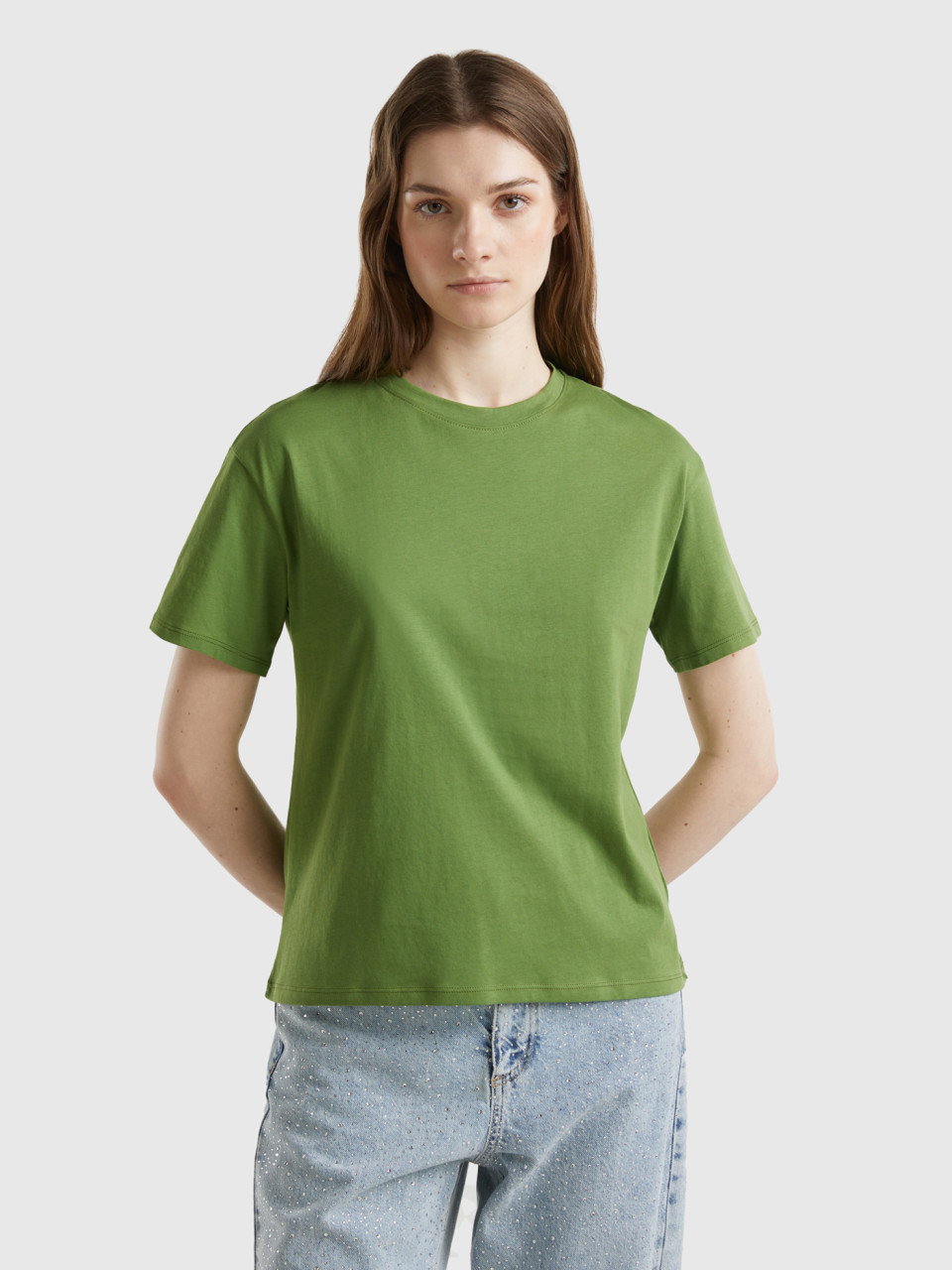 Benetton, Camiseta De Manga Corta De 100 % Algodón, Militar, Mujer