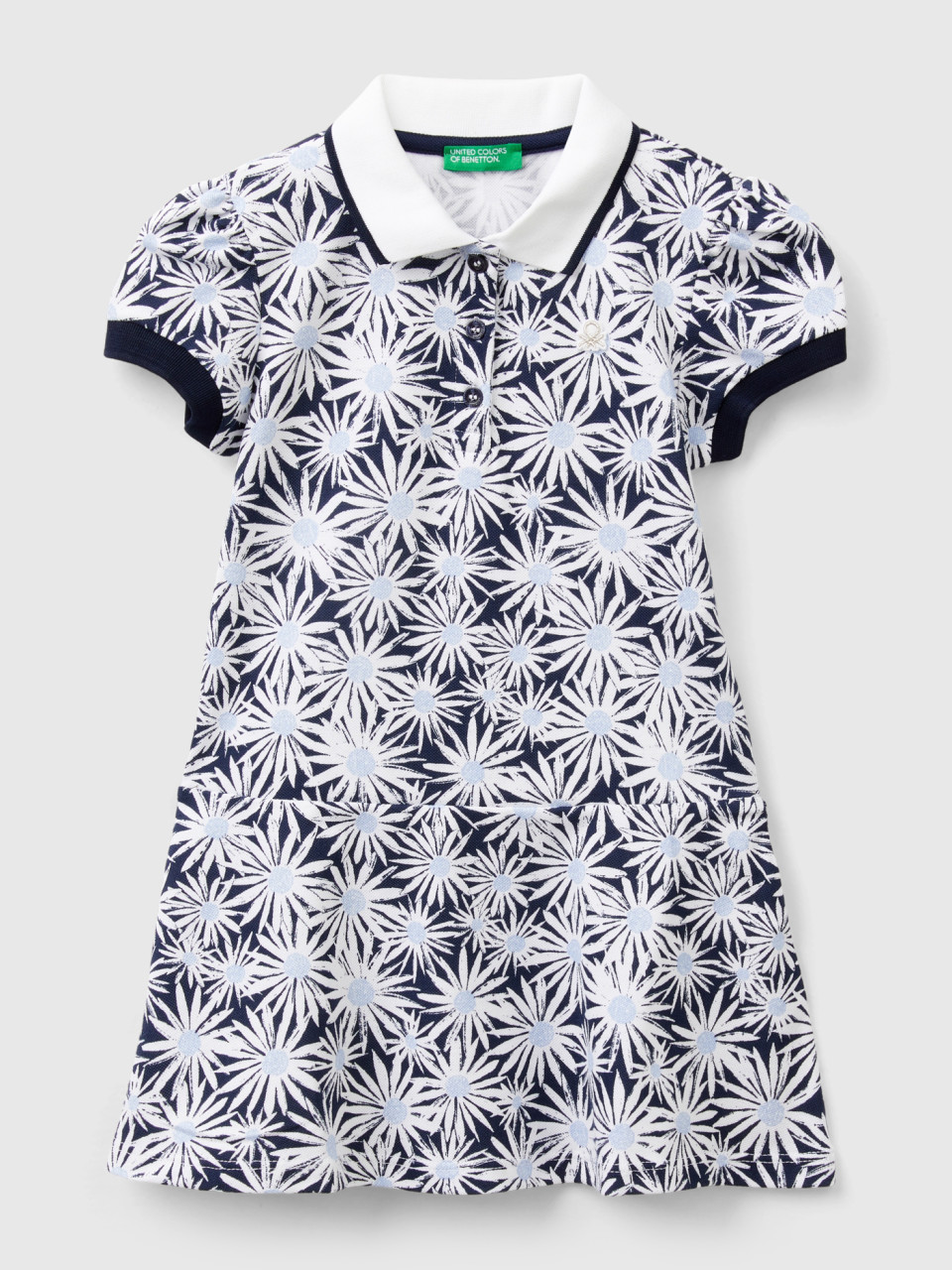 Benetton, Blue Polo-style Dress With Floral Print, Blue, Kids