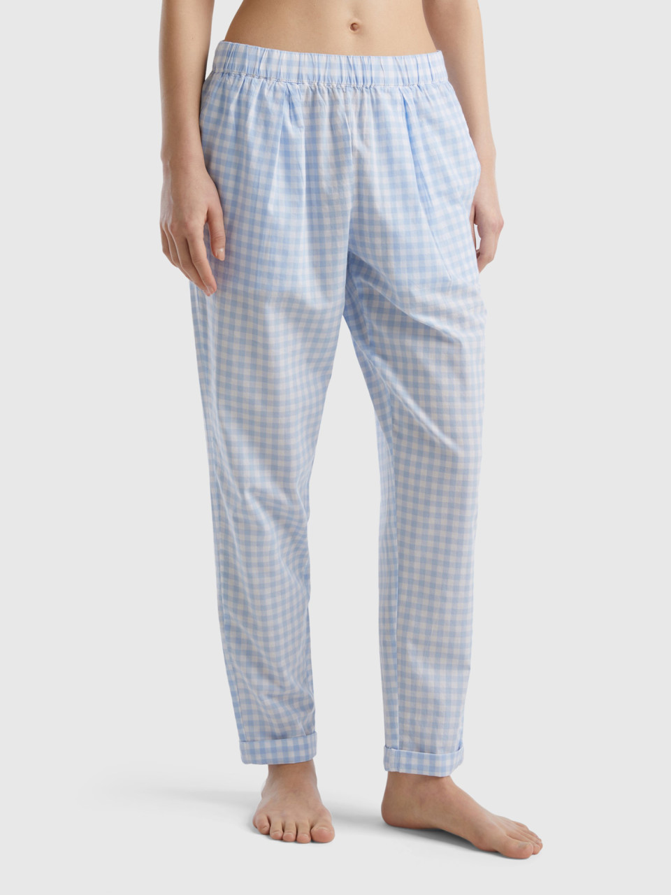 Benetton, Trousers With Vichy Check Pattern, Sky Blue, Women