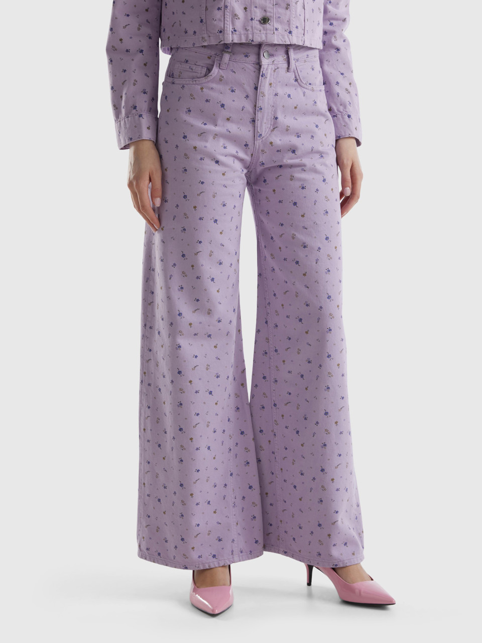 Benetton, Wide Trousers With Floral Print, Lilac, Women