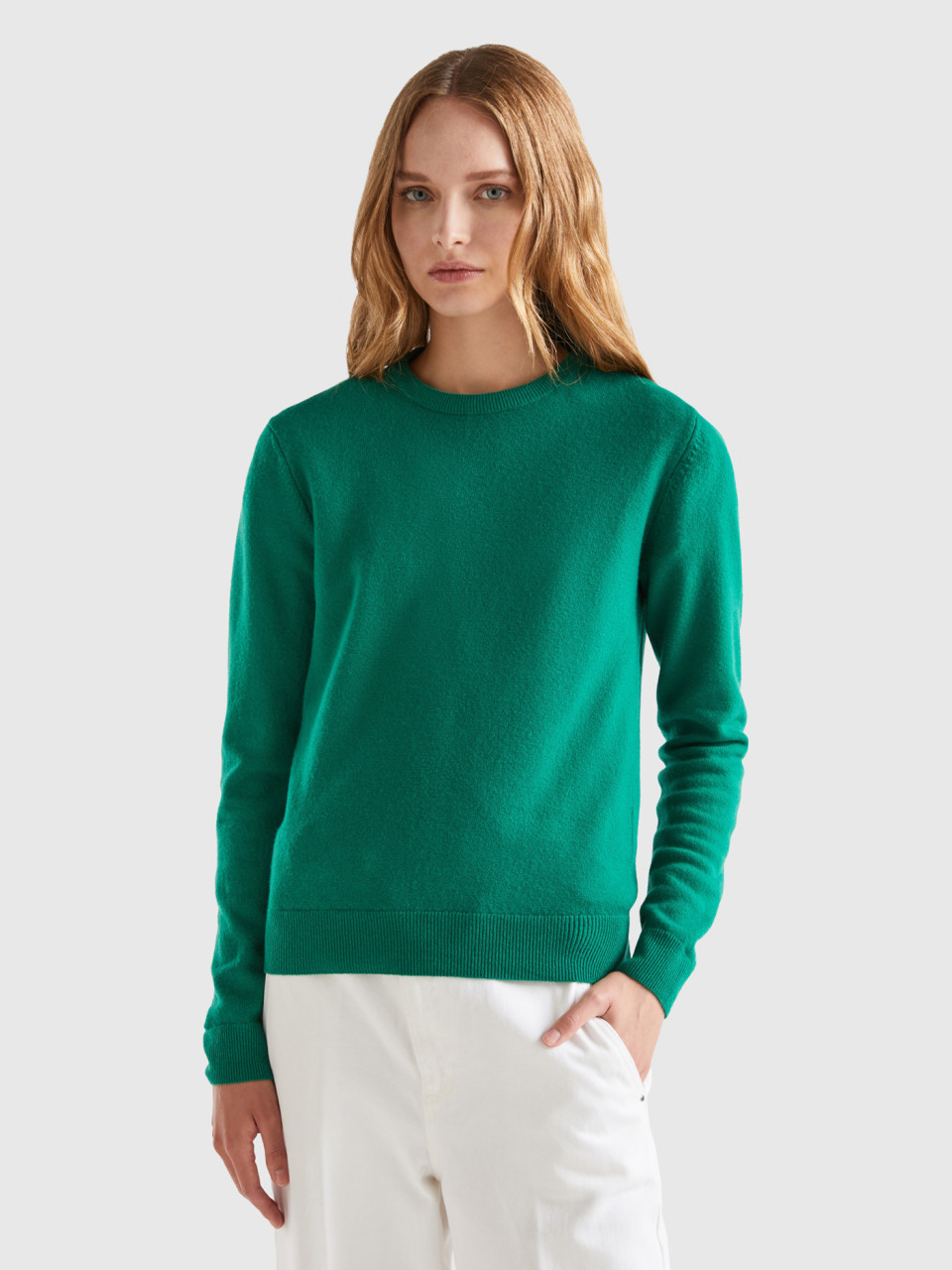Benetton, Forest Green Crew Neck Sweater In Merino Wool, Green, Women