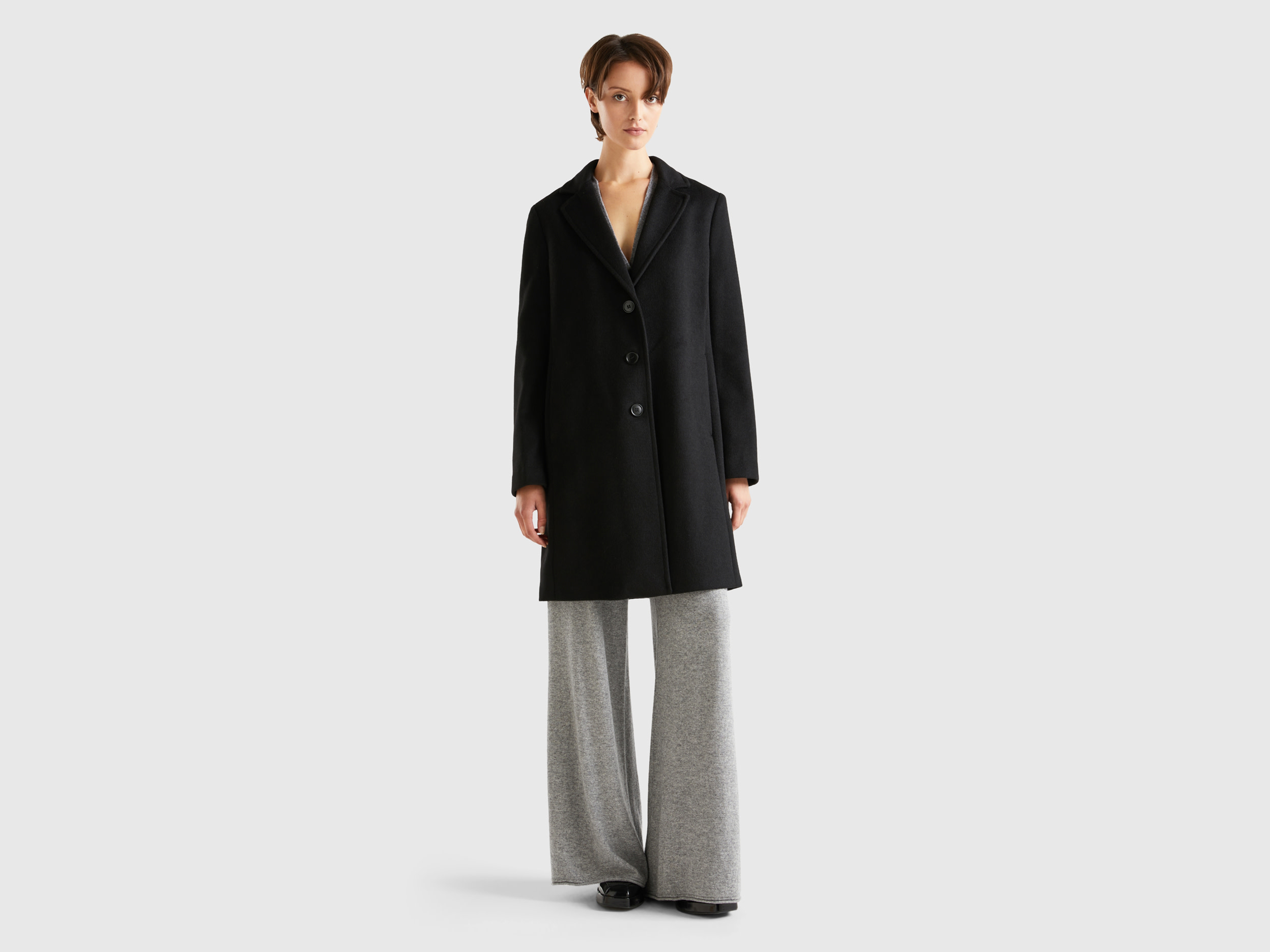 benetton, short coat in wool blend cloth, size 10, black, women