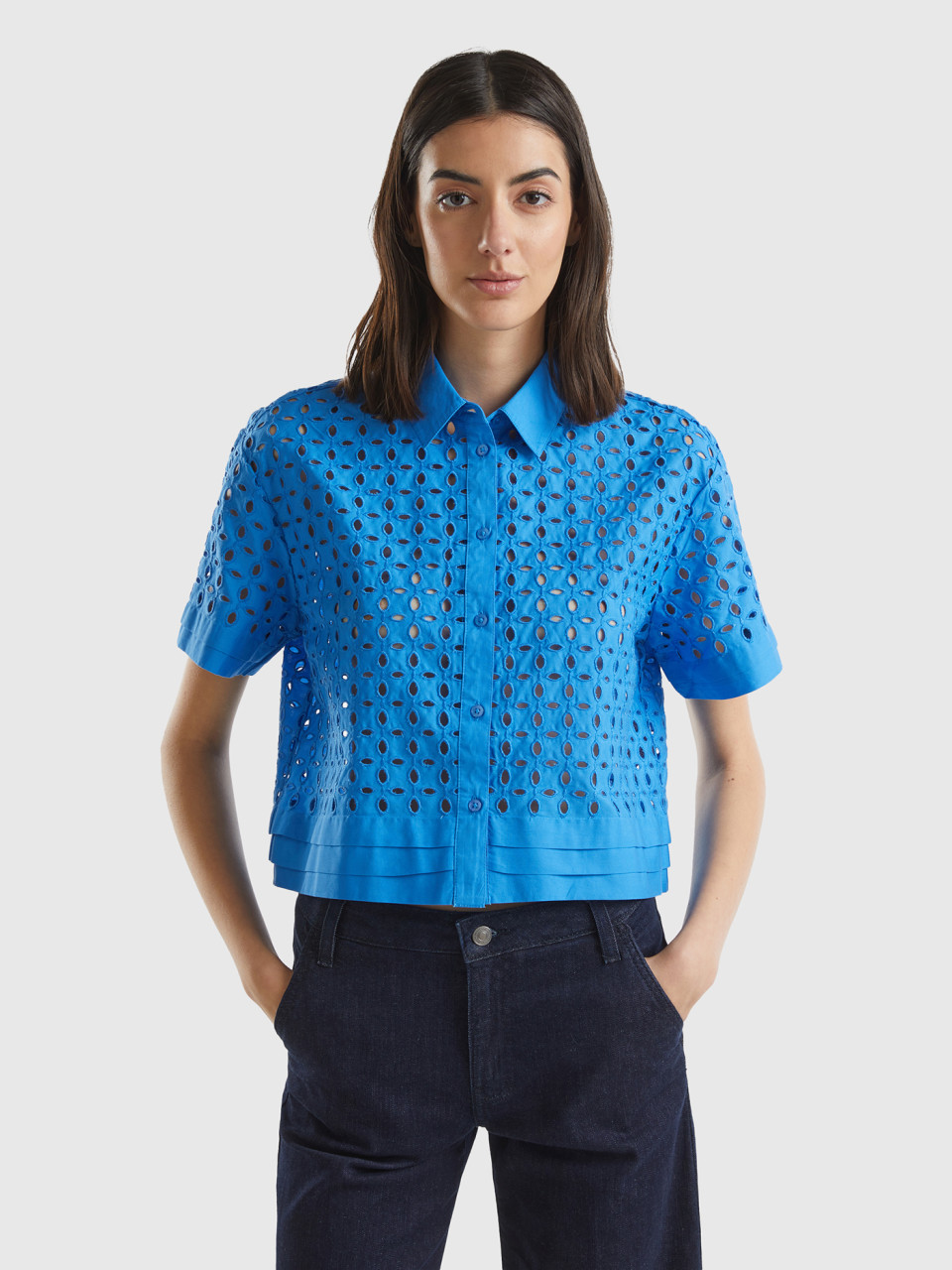 Benetton, Short Sleeve Shirt In Broderie Anglaise, Blue, Women