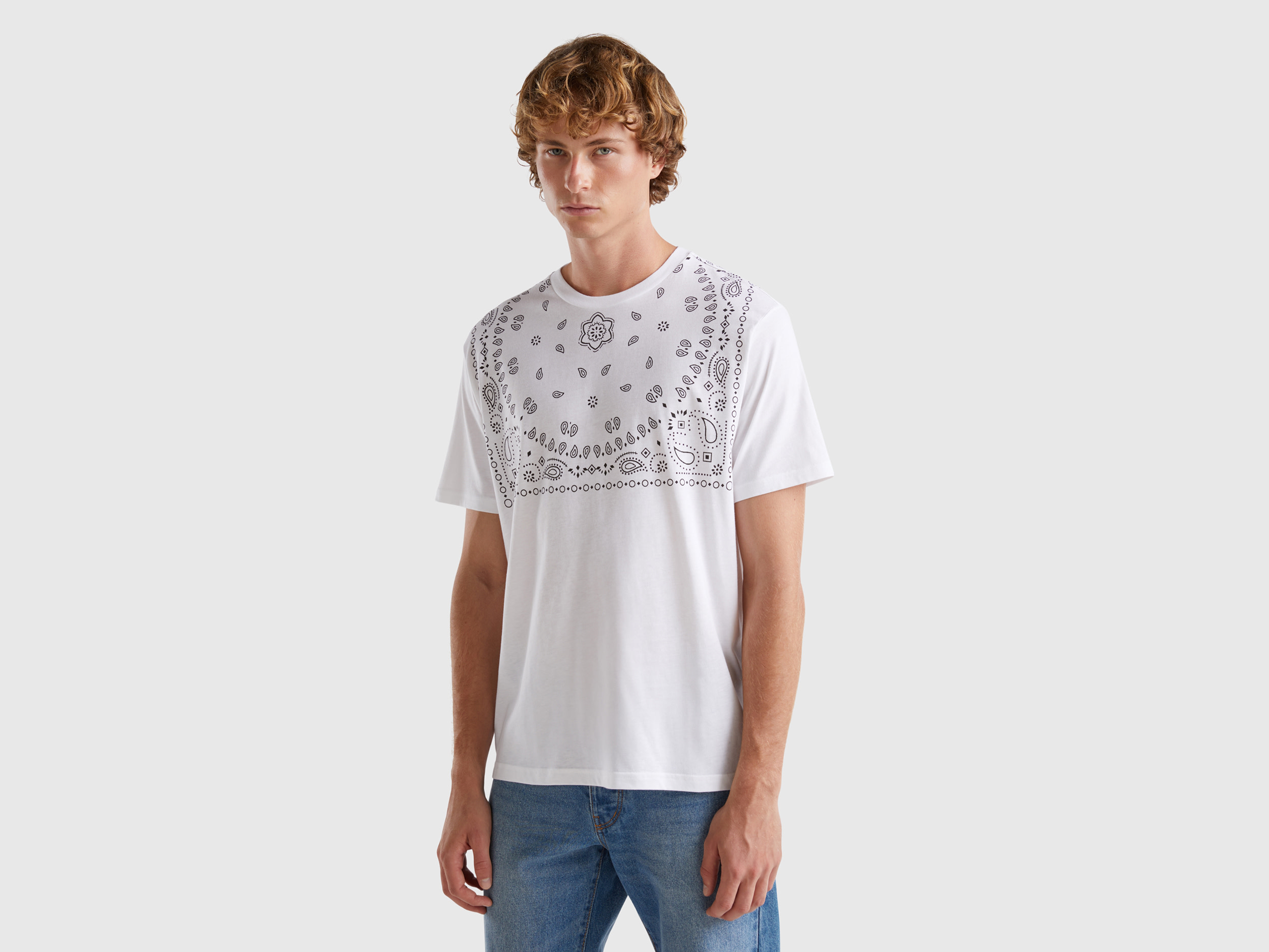 Benetton, Maglietta Con Stampa Bandana, Bianco, Uomo