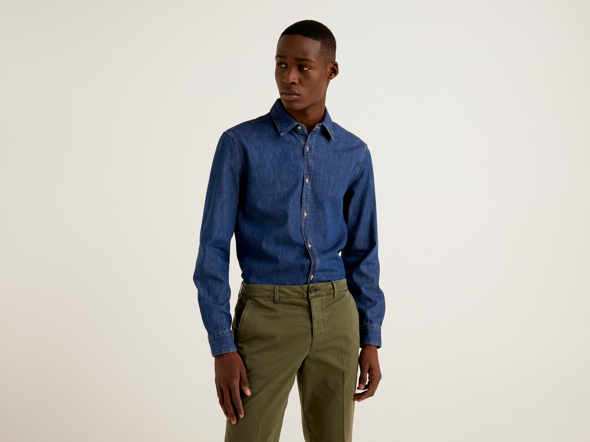 Benetton, Camicia In Jeans 100% Cotone, Blu Scuro, Uomo