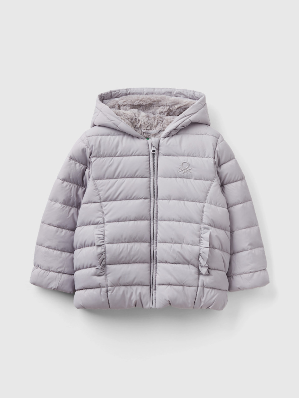 Benetton, Padded Jacket With Rouches, Light Gray, Kids